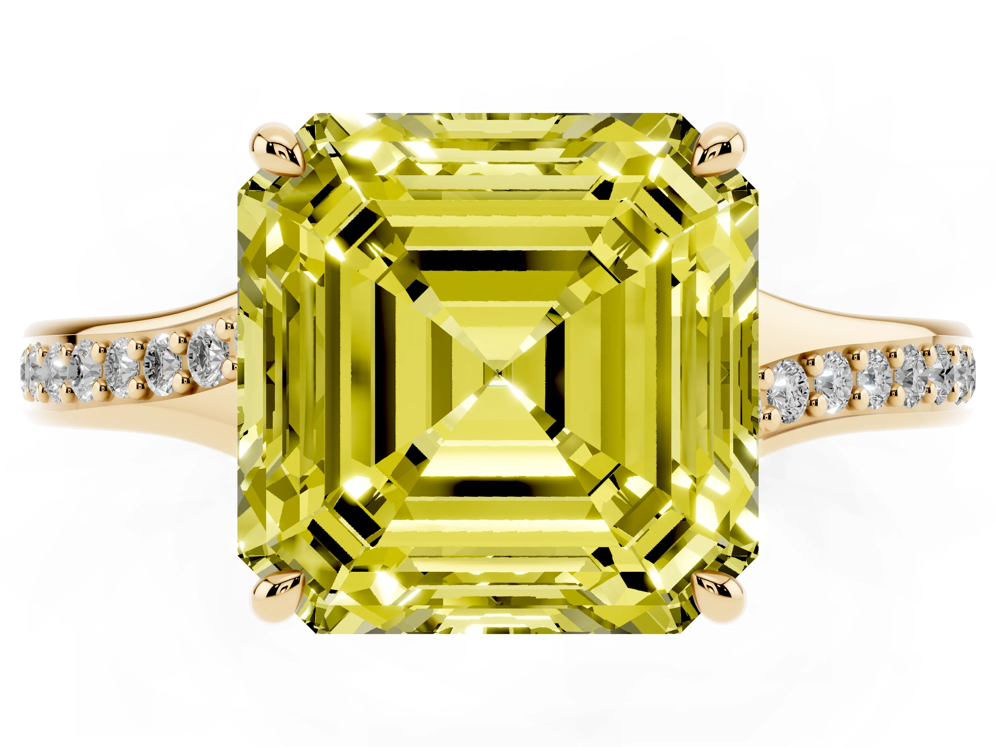 Fancy Yellow Asscher Cut Diamond Solitaire Ring Set in Yellow gold with Pavé Accent Band and Classic Prong Setting