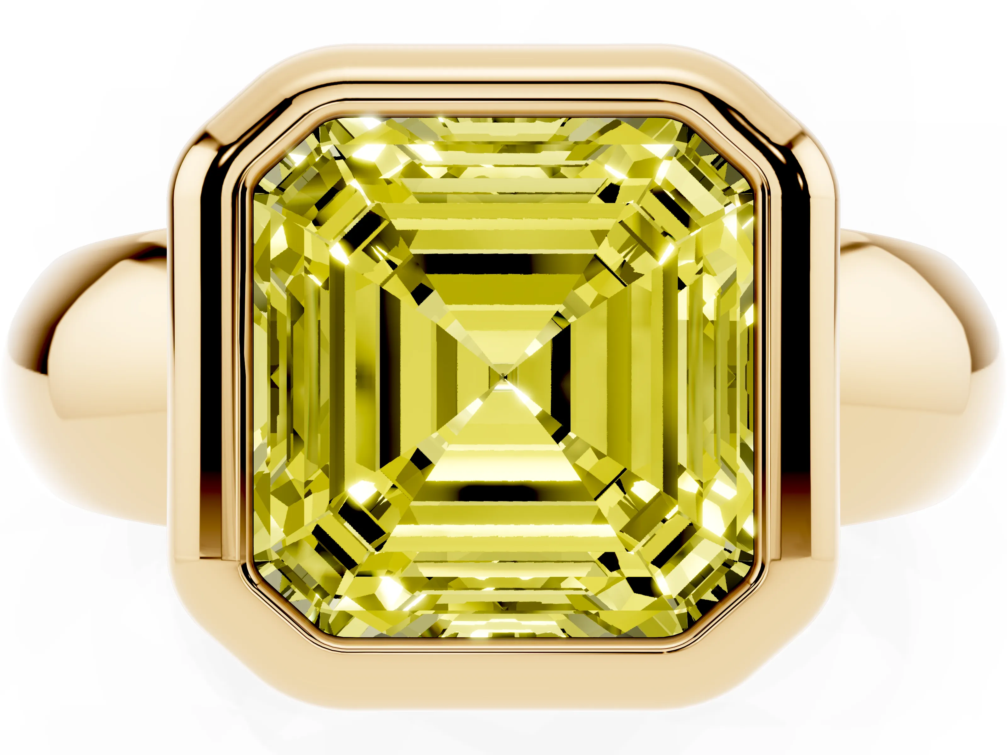Fancy Yellow Bezel Set Asscher Cut Diamond Solitaire Ring Set in Yellow gold with Wide Band