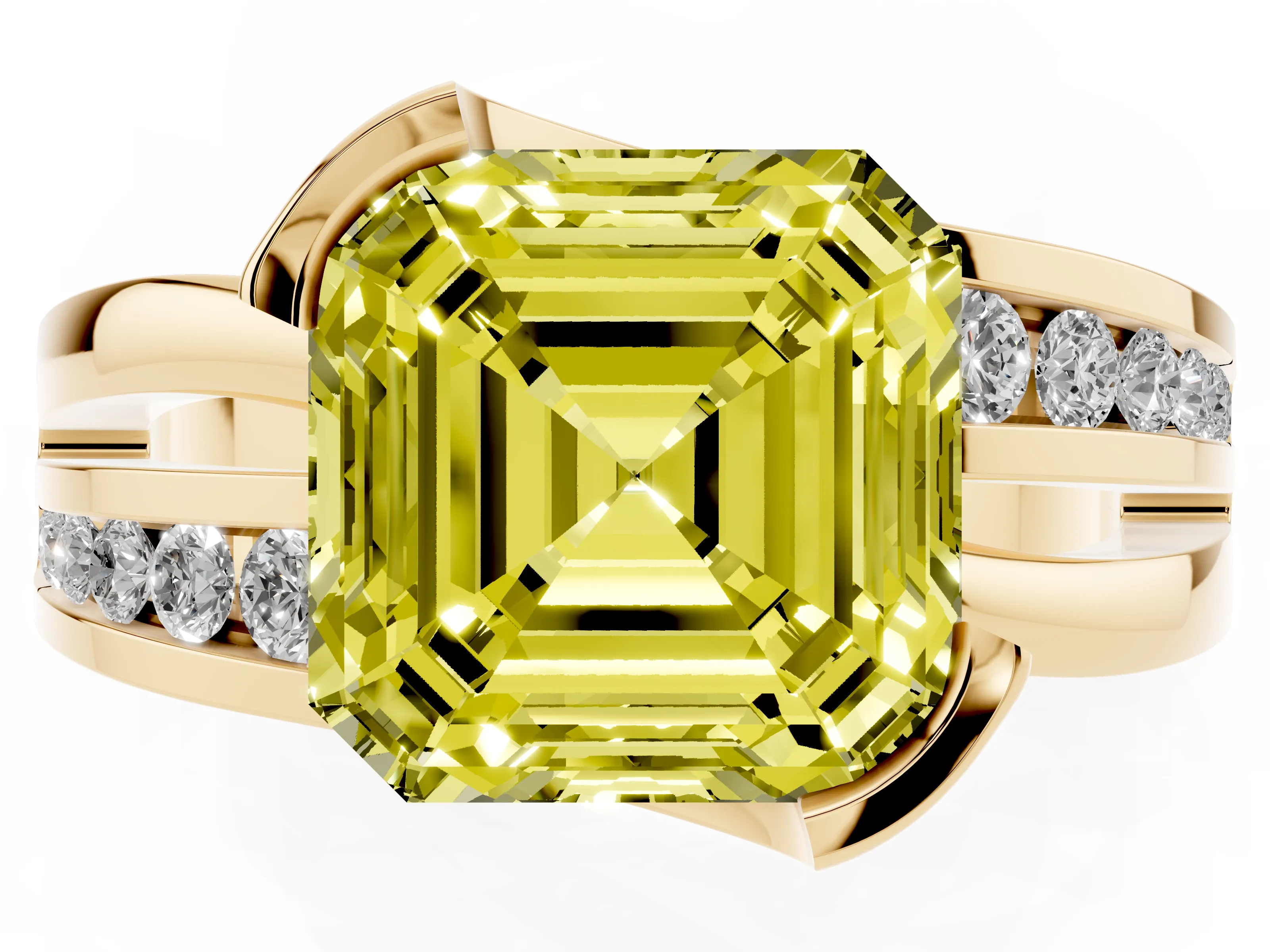 Fancy Yellow Asscher Cut Diamond Solitaire Ring Set in Yellow gold with Channel Set Split Shank and Tension Prongs