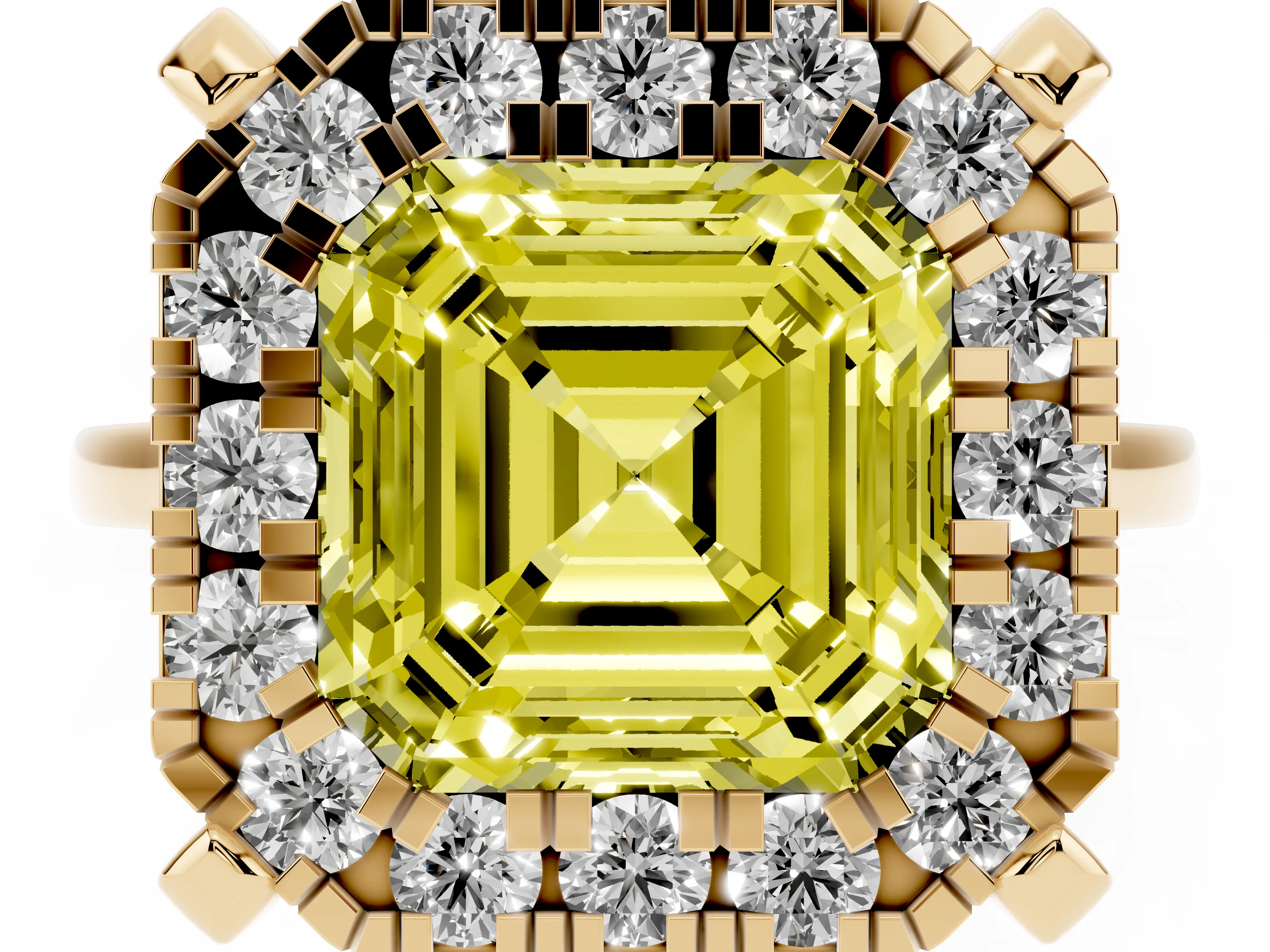 Fancy Yellow Asscher Cut Diamond Cluster Halo Solitaire Ring Set in Yellow gold with Prong Setting