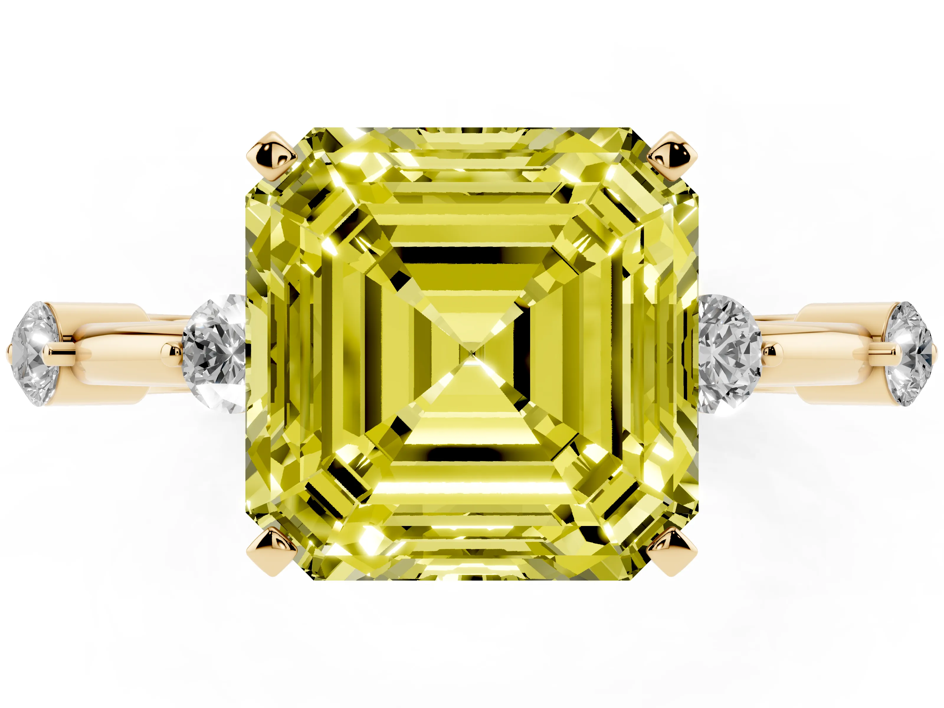 Fancy Yellow Asscher Cut Diamond Solitaire Ring Set in Yellow gold with Bezel Set Side Stones and Prong Setting