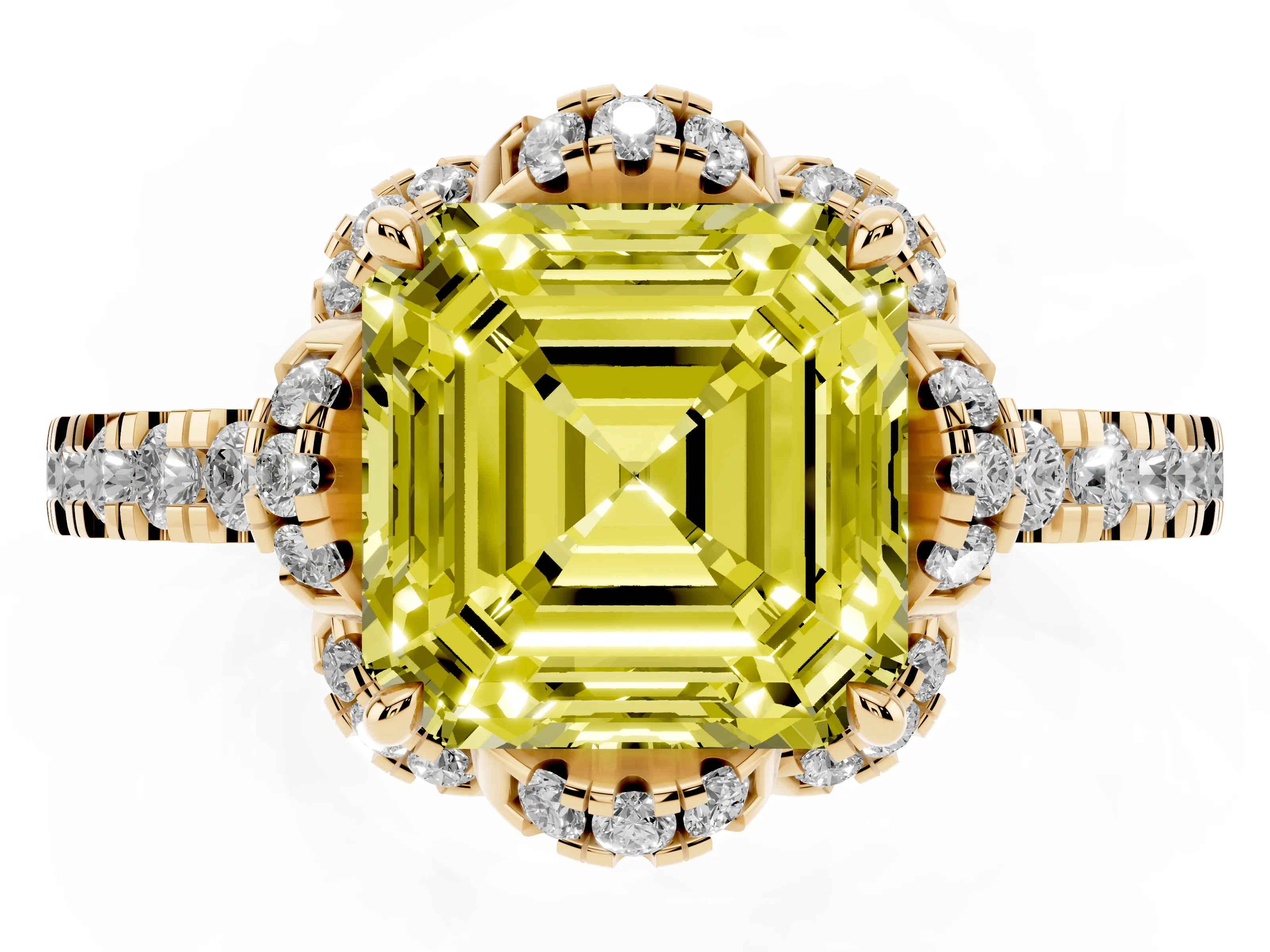 Fancy Yellow Asscher Cut Diamond Halo Pavé Ring Set in Yellow gold with Prong-Held Center Stone