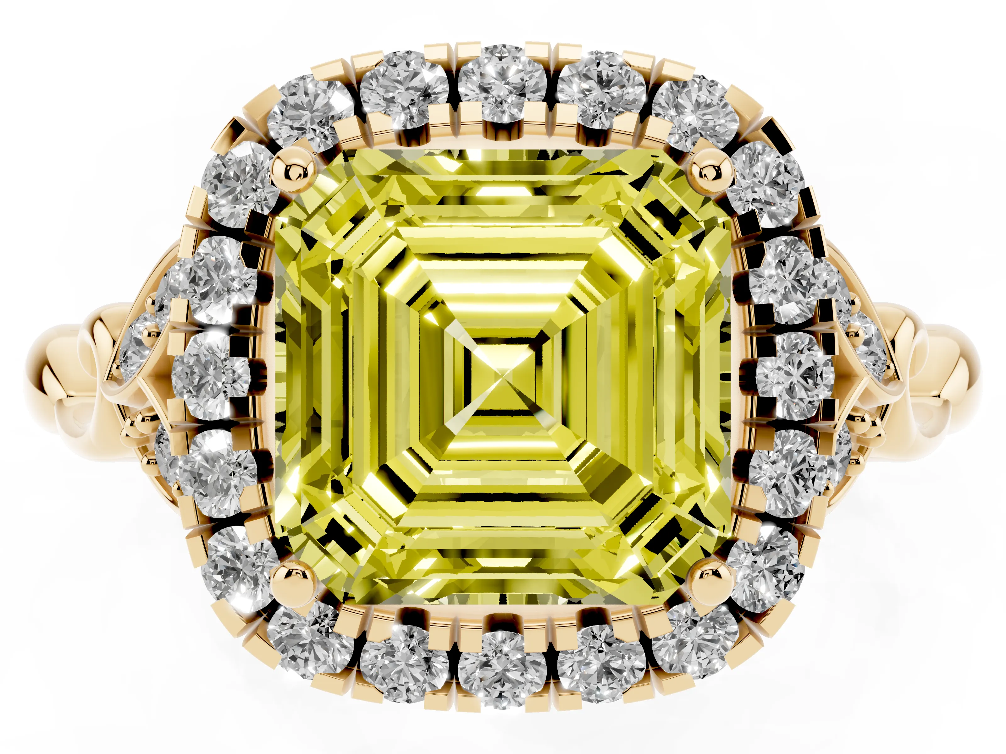 Fancy Yellow Asscher Cut Diamond Halo Engagement Ring Set in Yellow gold with Vintage-Inspired Band and Prong Setting