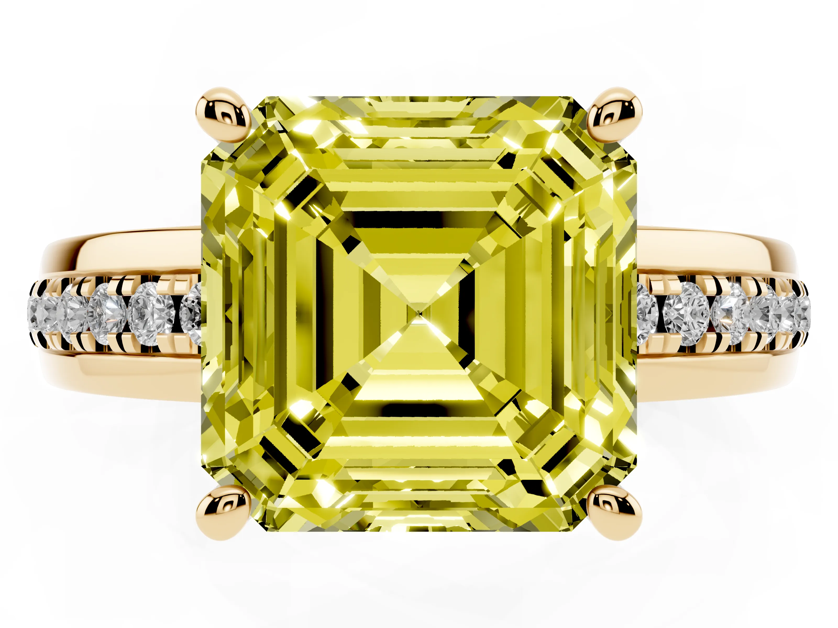 Fancy Yellow Asscher Cut Diamond Solitaire Ring Set in Yellow gold with Channel Set Band and Prong Setting