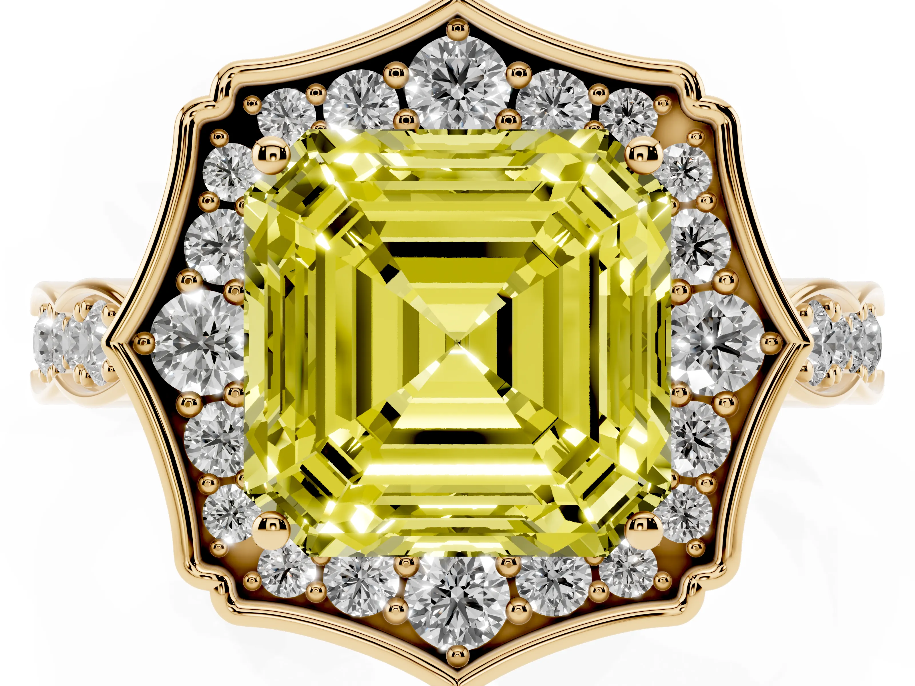 Fancy Yellow Asscher Cut Diamond Halo Engagement Ring Set in Yellow gold with Milgrain Band and Prong Setting