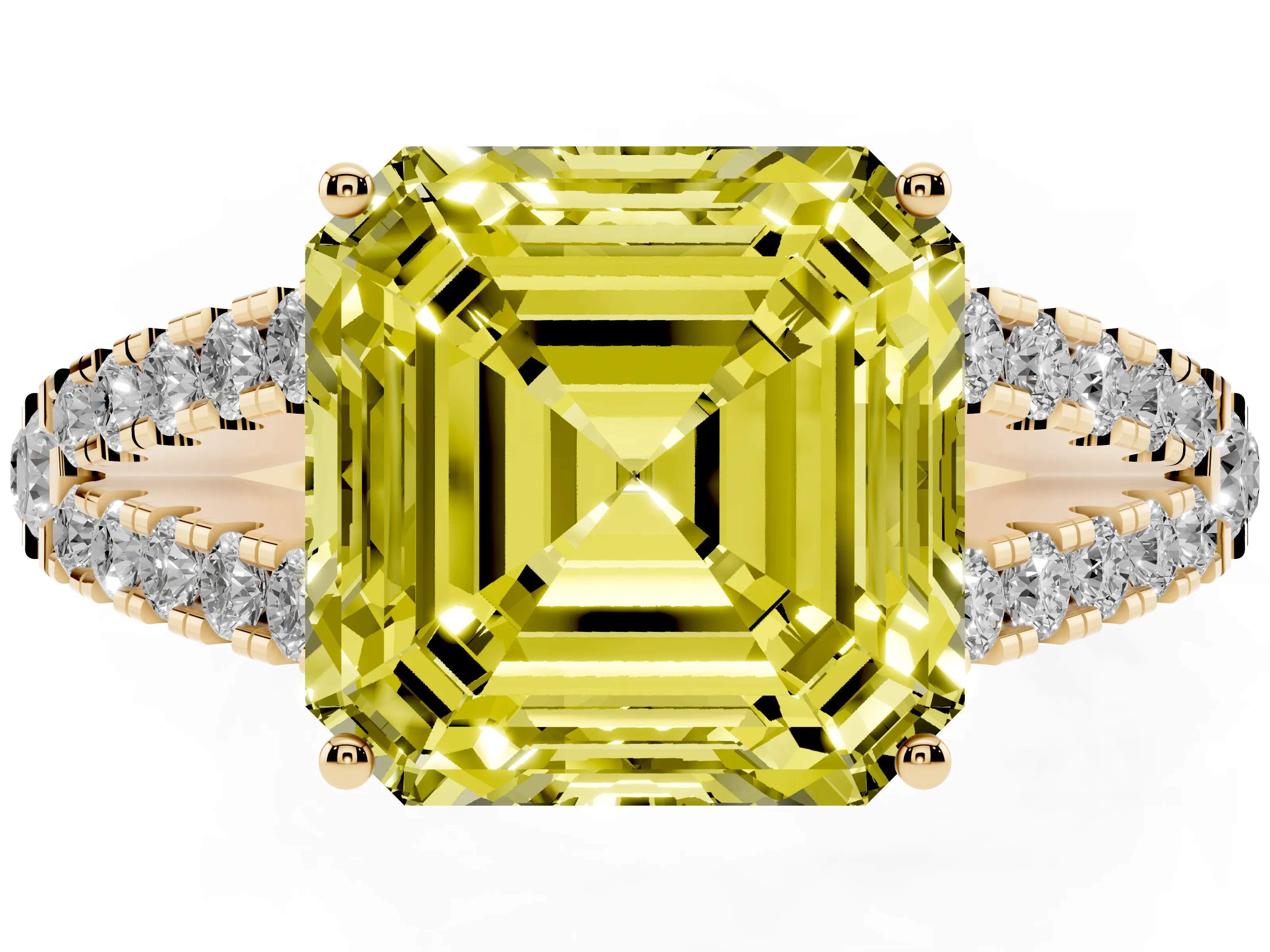 Fancy Yellow Asscher Cut Diamond Split Shank Pavé Engagement Ring Set in Yellow gold with Prong-Held Center Stone