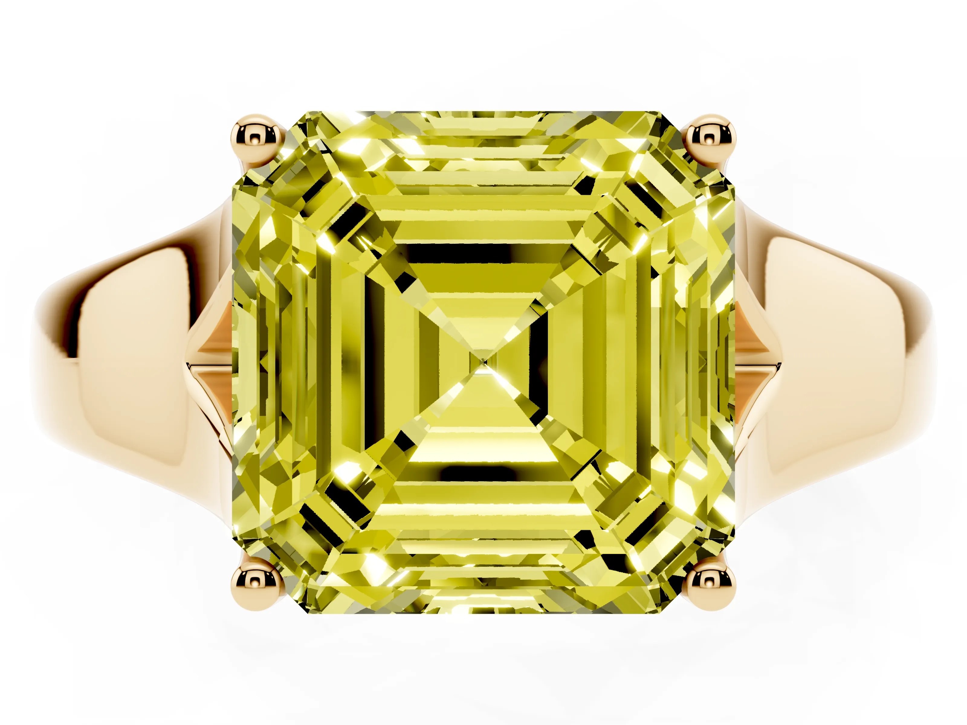 Fancy Yellow Asscher Cut Diamond Solitaire Ring Set in Yellow gold with Arched Cathedral Band and Prong Setting