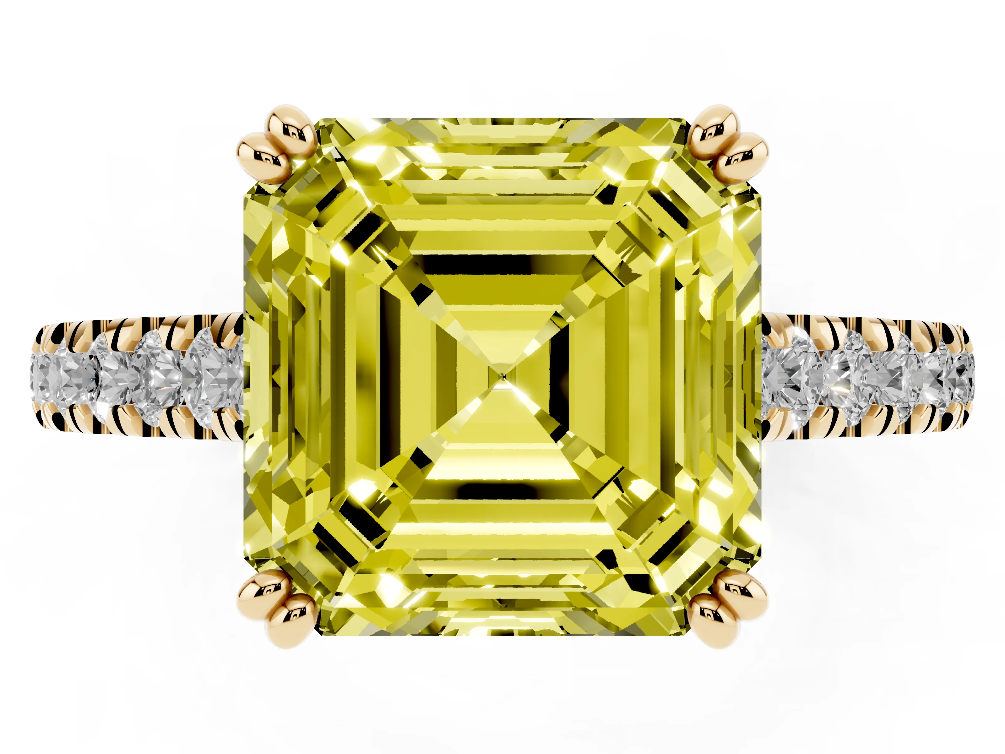Fancy Yellow Asscher Cut Diamond Solitaire Engagement Ring Set in Yellow gold with Pavé Accents and Prong Setting