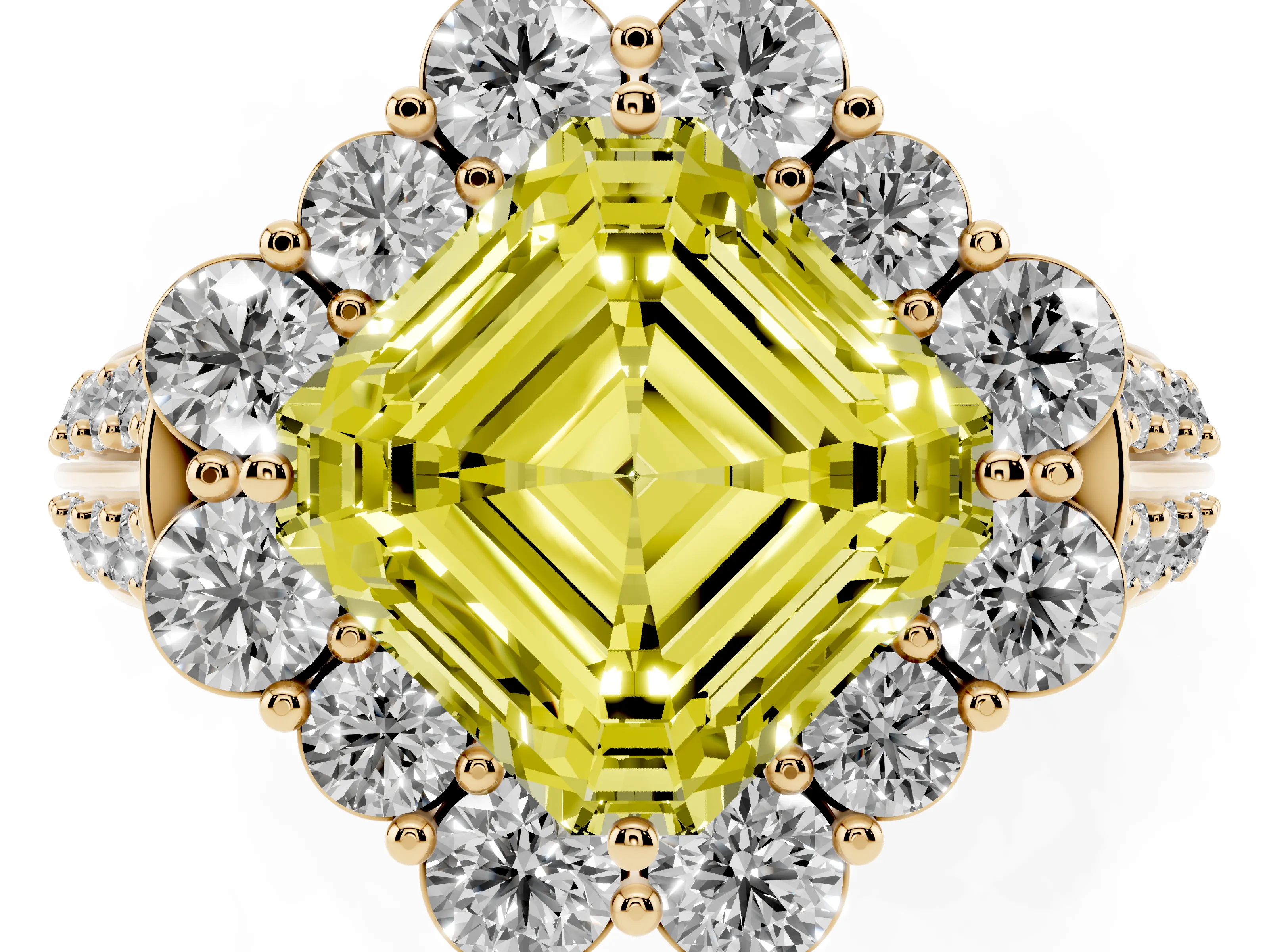 Fancy Yellow Asscher Cut Diamond Halo Engagement Ring Set in Yellow gold with Split Shank and Prong Setting