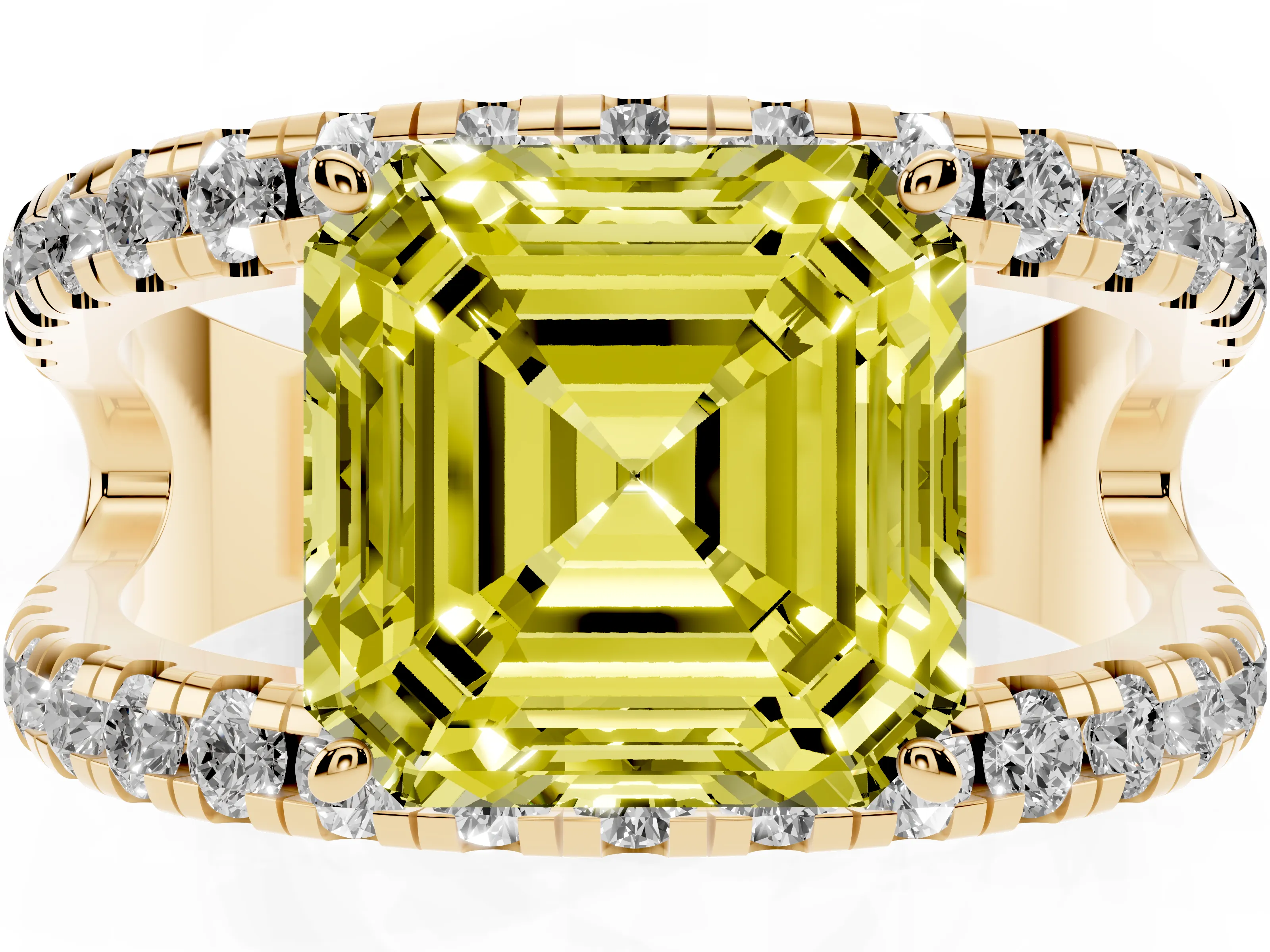 Fancy Yellow Asscher Cut Diamond Split Shank Pavé Solitaire Ring Set in Yellow gold with Open Shank Design