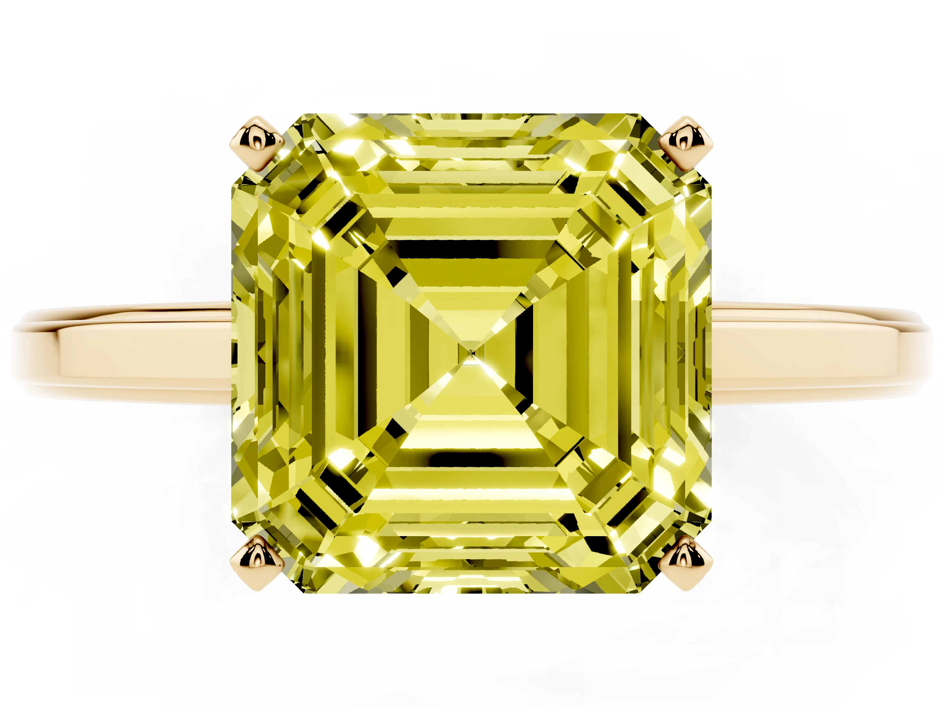 Fancy Yellow Asscher Cut Diamond Solitaire Ring Set in Yellow gold with Prong Setting and Classic Band