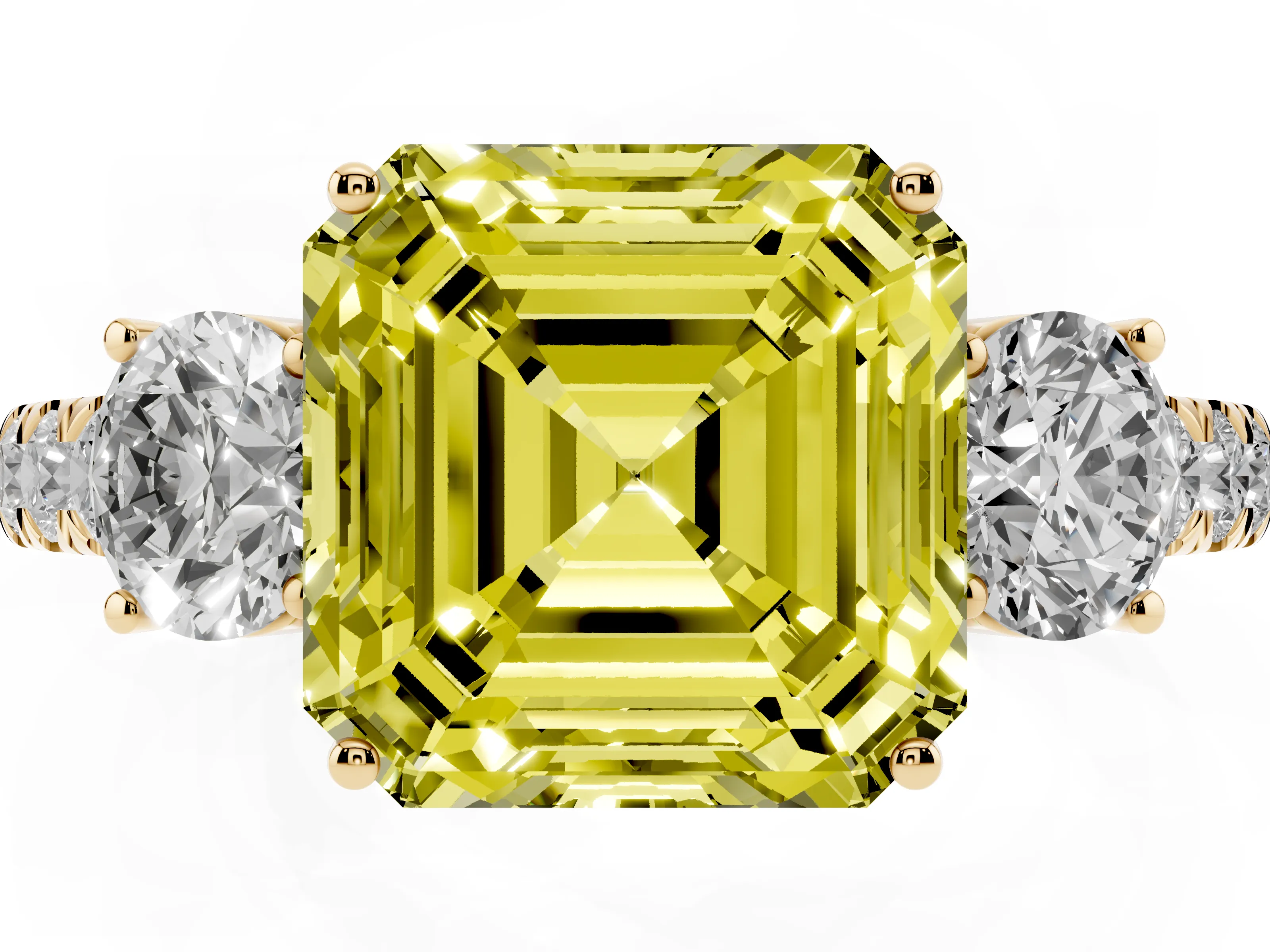 Fancy Yellow Asscher Cut Diamond Three-Stone Ring Set in Yellow gold with Round Side Stones and Delicate Pavé Band