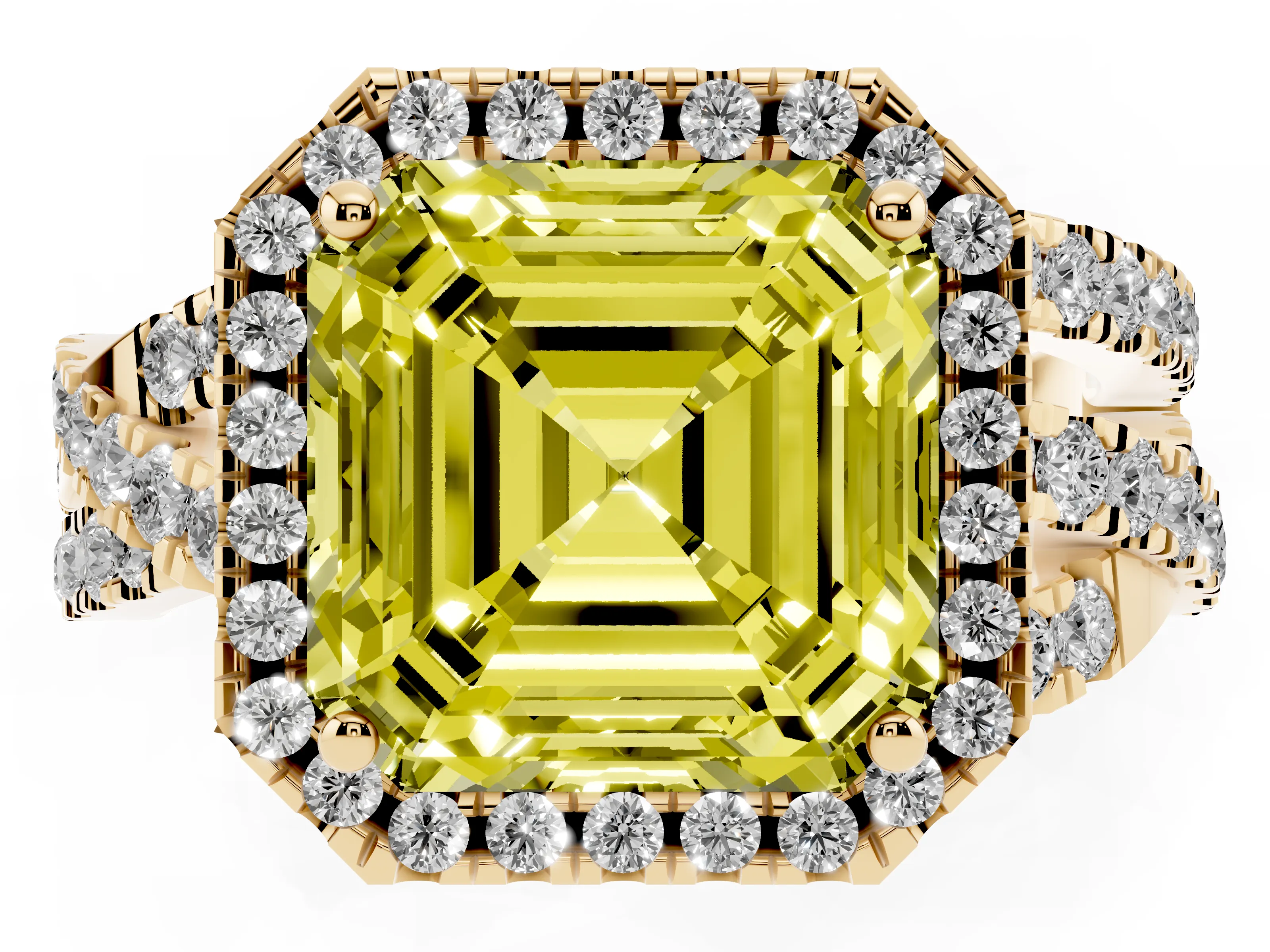Fancy Yellow Asscher Cut Diamond Halo Ring Set in Yellow gold with Round Crossover Split Shank and Prong Setting