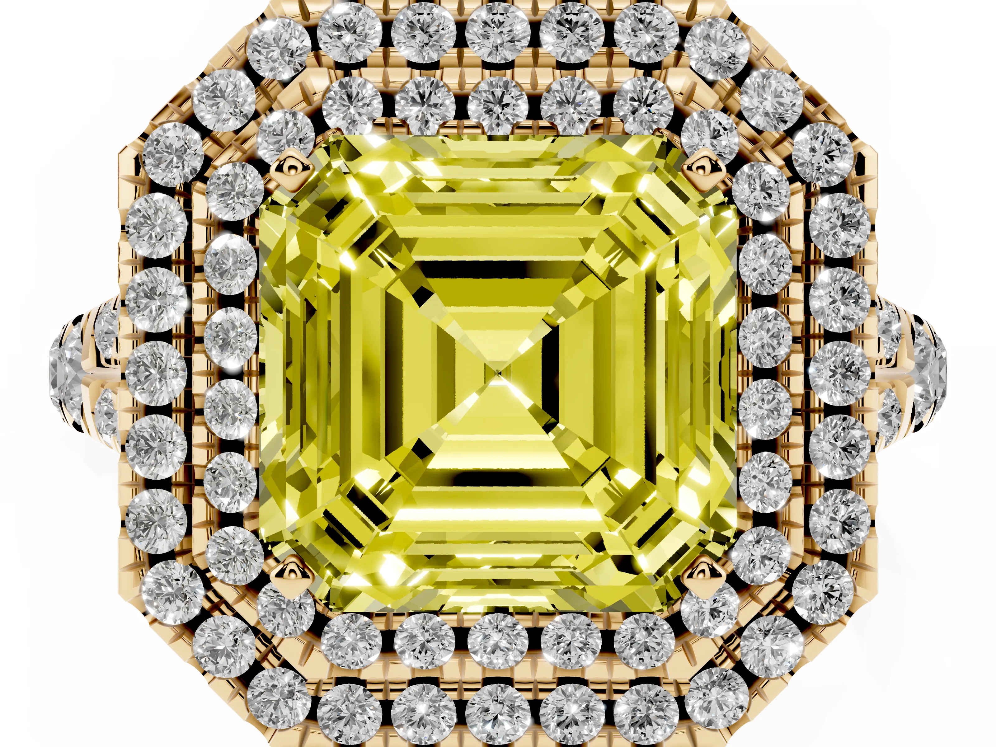 Fancy Yellow Asscher Cut Diamond Pavé Split Shank Double Halo Engagement Ring Set in Yellow gold