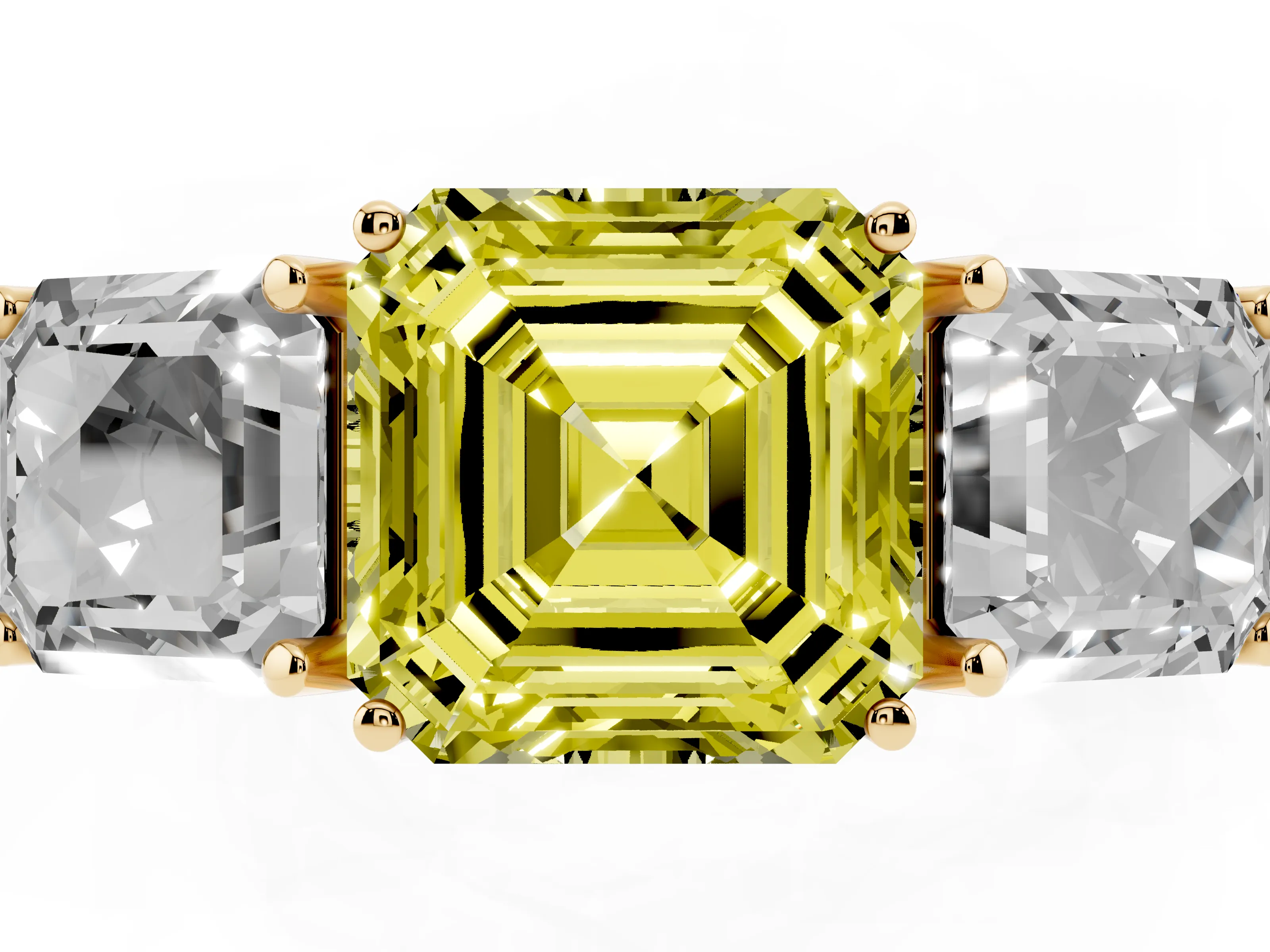 Fancy Yellow Asscher Cut Diamond Three-Stone Engagement Ring Set in Yellow gold with Milgrain Pavé Band