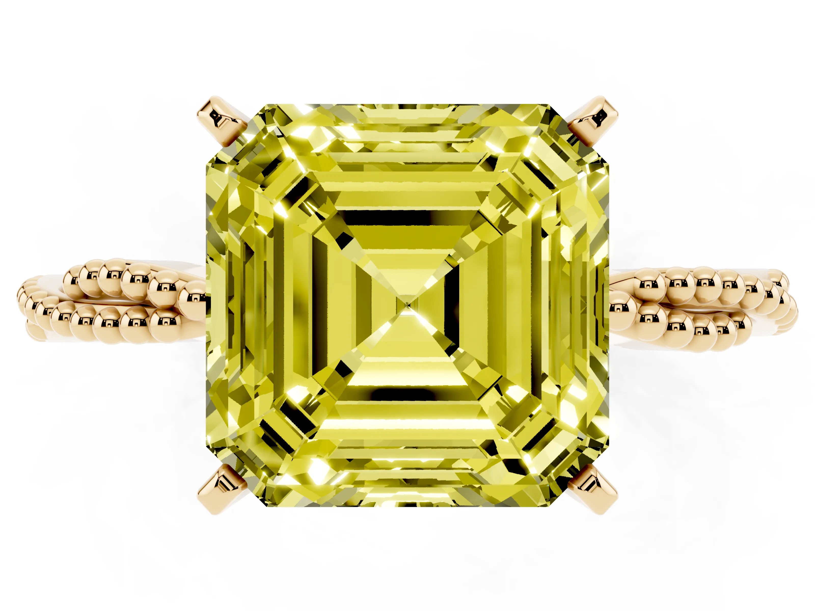 Fancy Yellow Asscher Cut Diamond Solitaire Ring Set in Yellow gold with Twisted Band and Bead Prong Setting