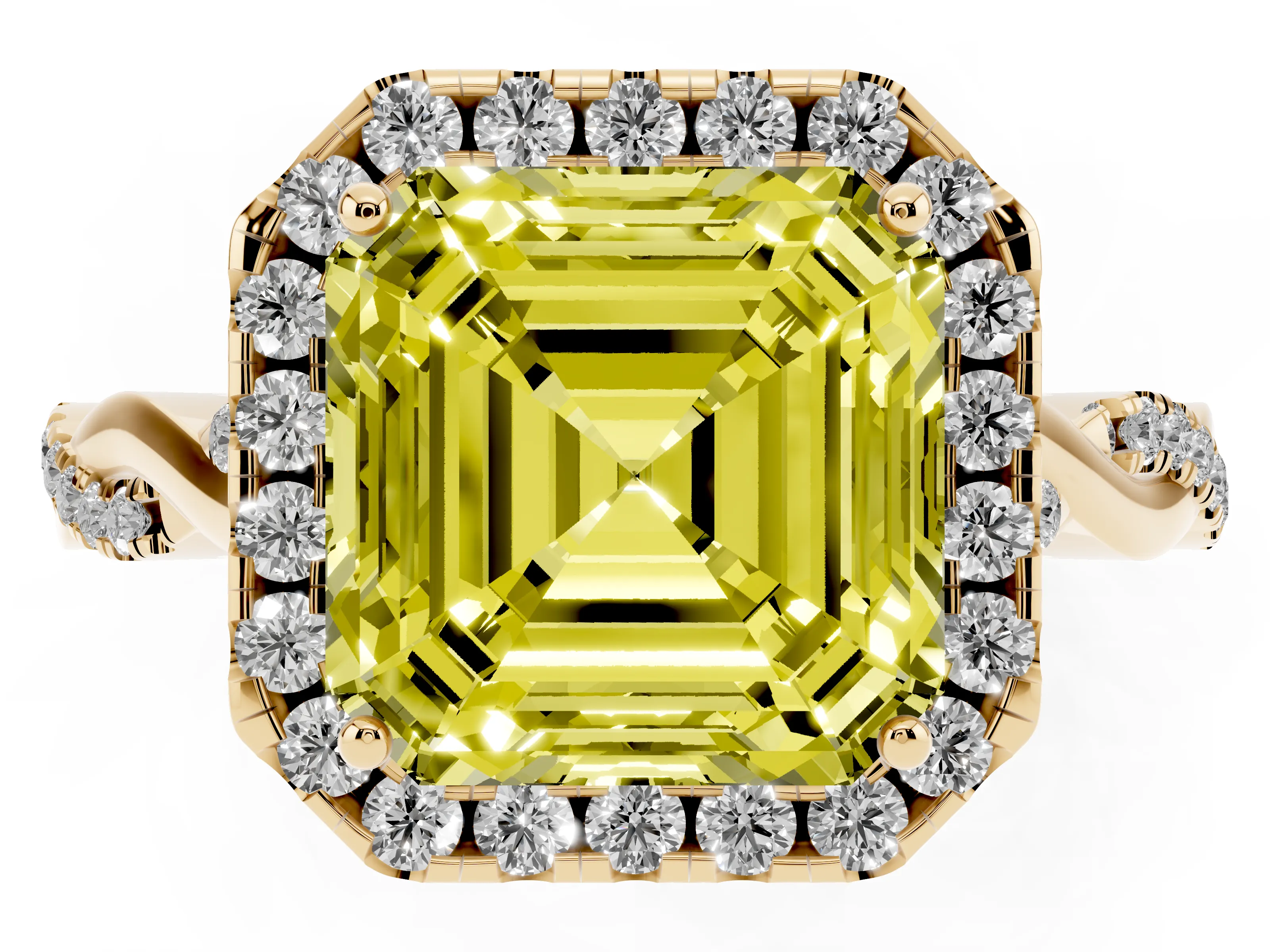 Fancy Yellow Asscher Cut Diamond Halo Twist Band Solitaire Ring Set in Yellow gold with Prong Setting
