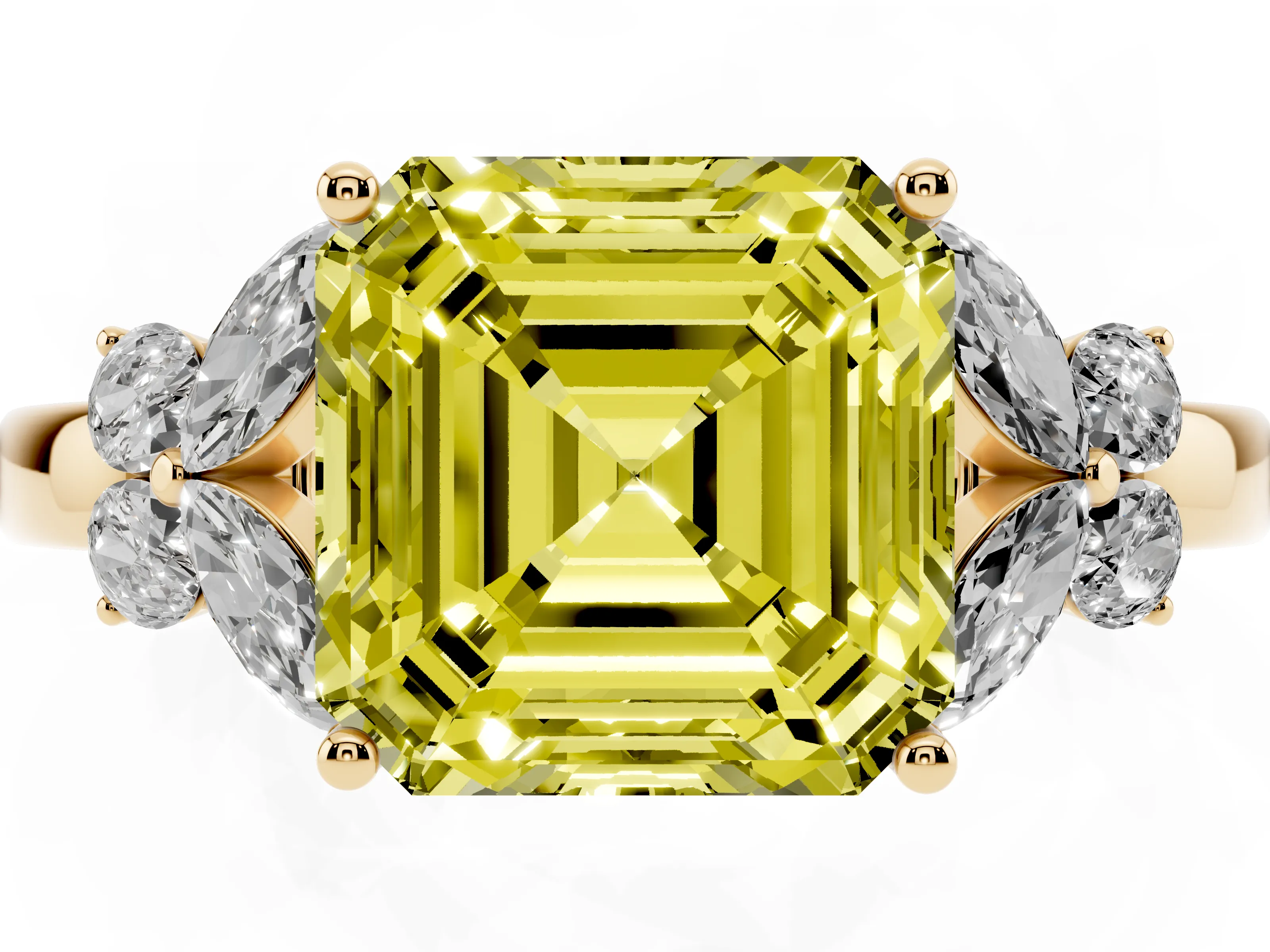 Fancy Yellow Asscher Cut Diamond Solitaire Floral Ring Set in Yellow gold with Marquise Petals and Prong Setting