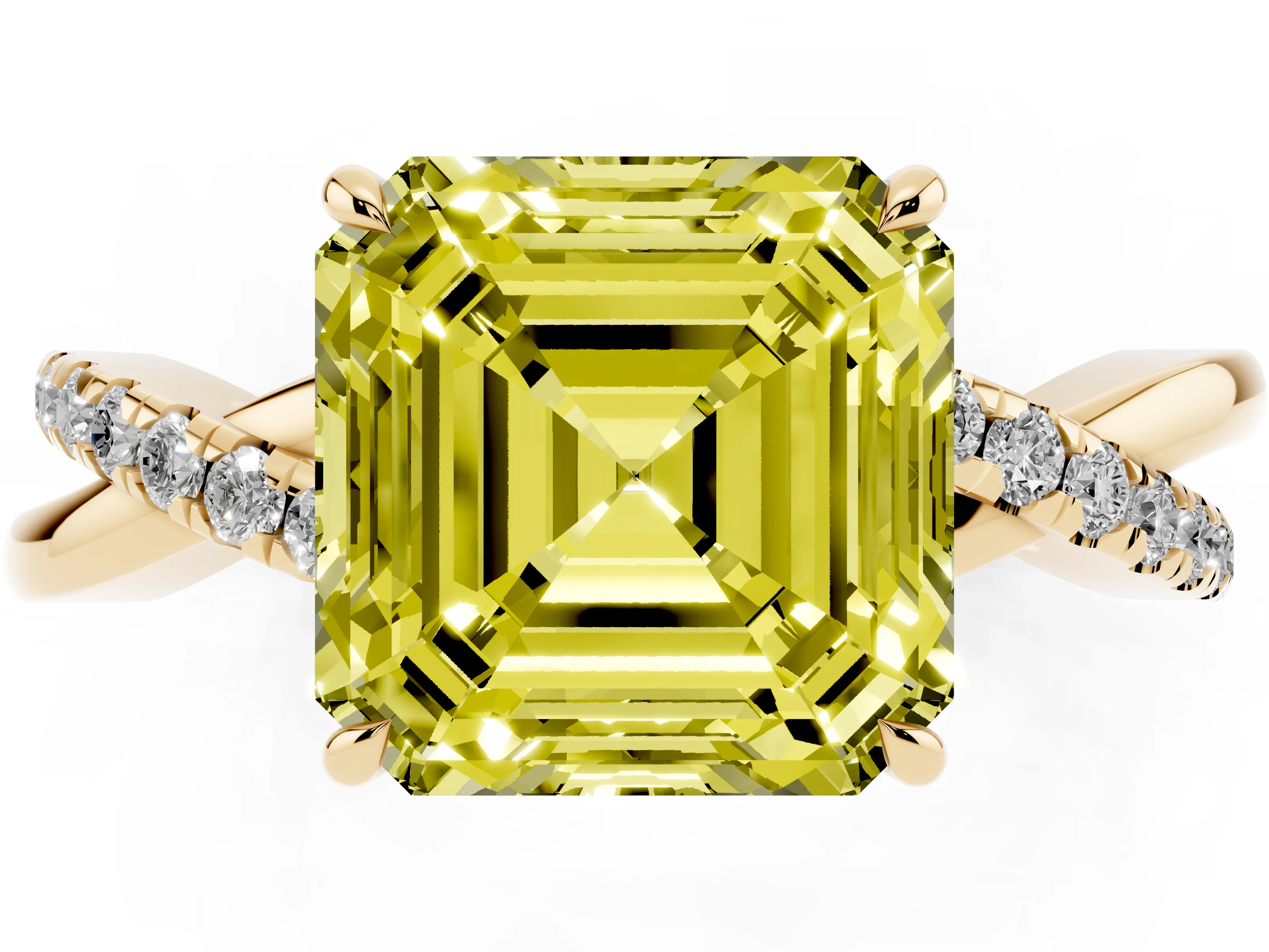 Fancy Yellow Asscher Cut Diamond Twisted Pavé Band Ring Set in Yellow gold with Prong Setting