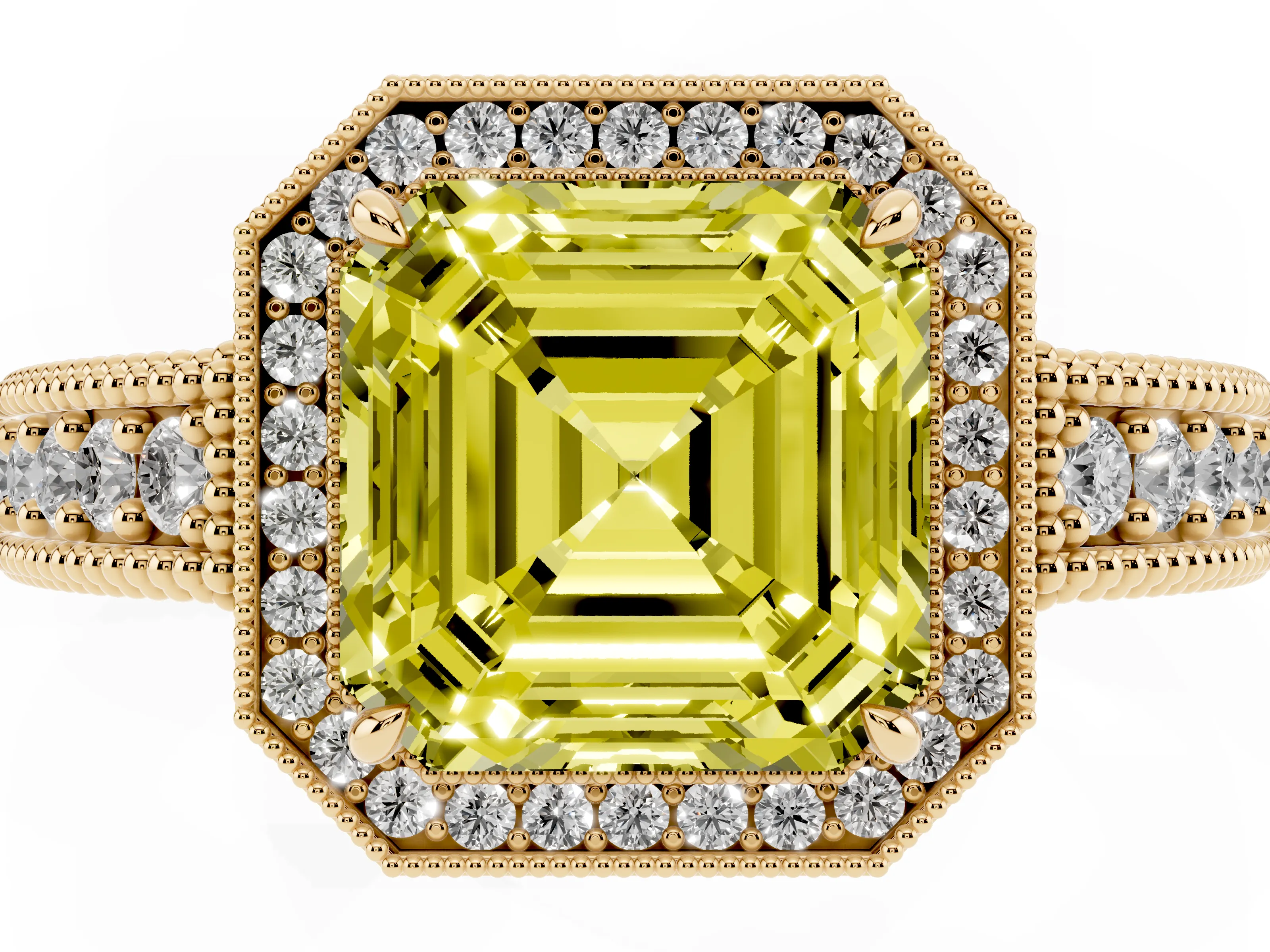 Fancy Yellow Asscher Cut Diamond Halo Ring Set in Yellow gold with Round Accent Halo, Pavé Band and Prong Setting