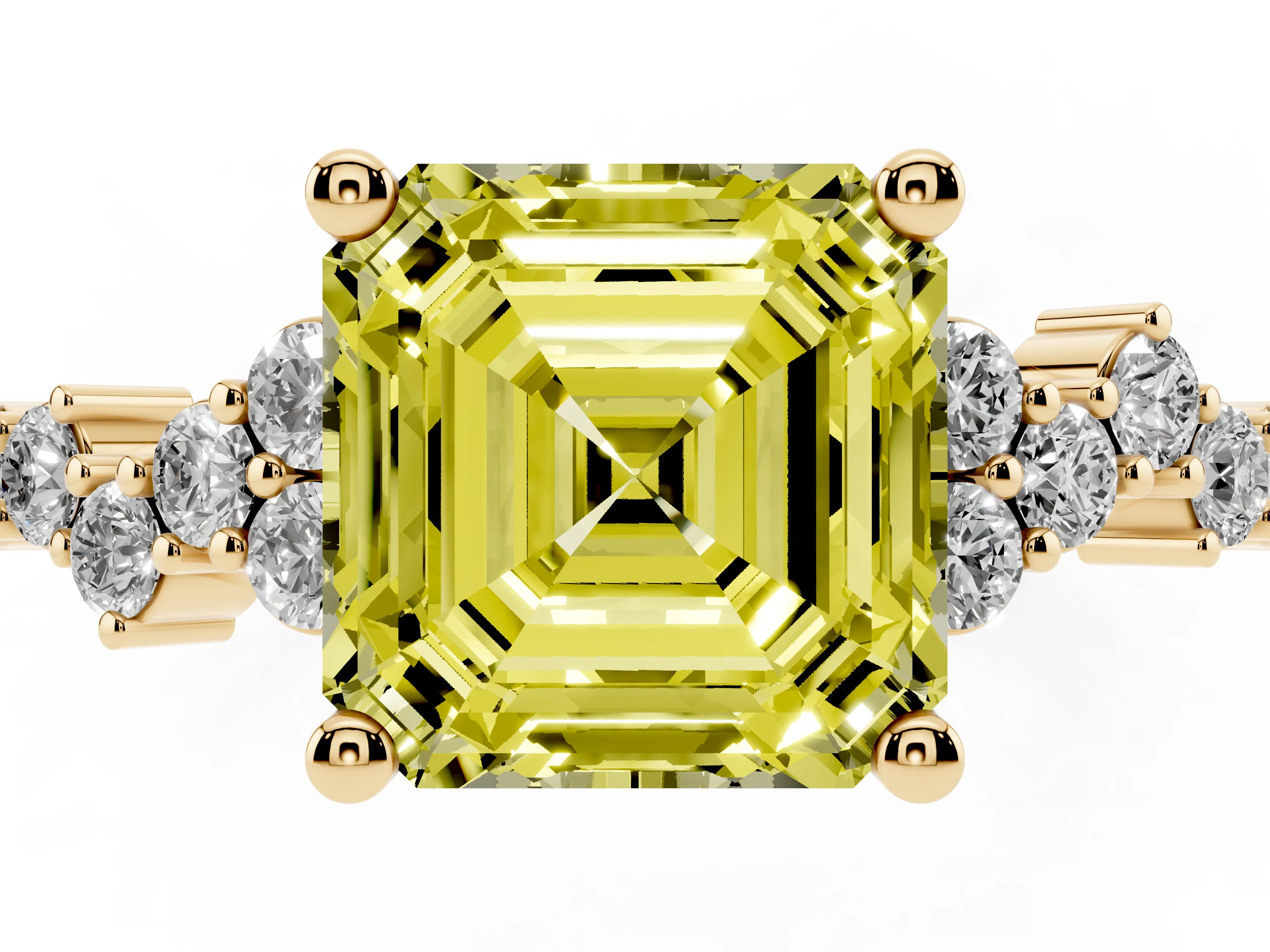 Fancy Yellow Asscher Cut Diamond Ring Set in Yellow gold with Scattered Round Accents