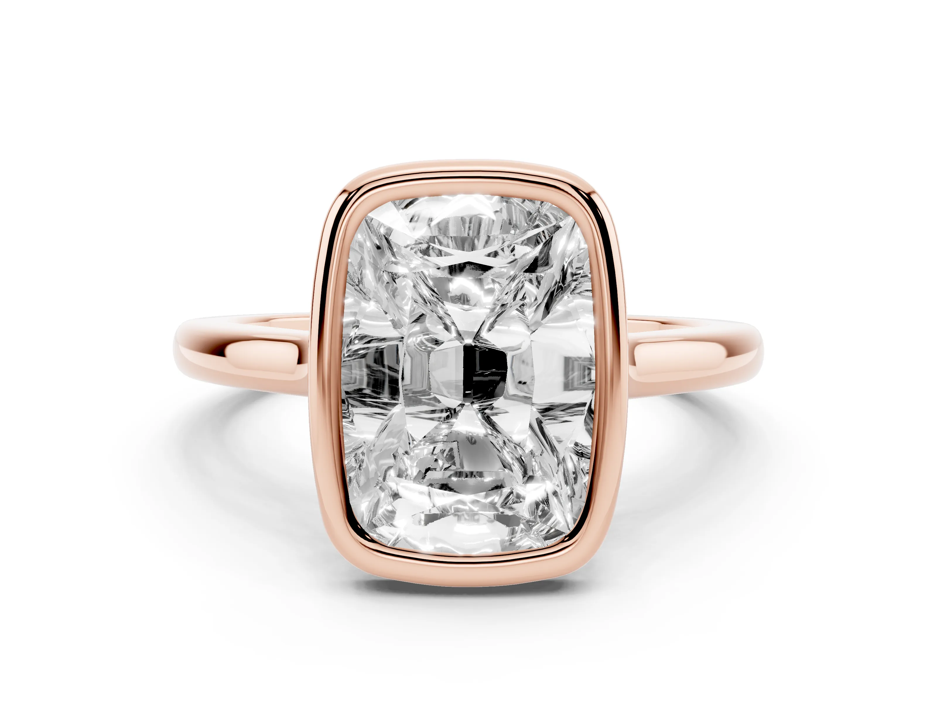 Old Mine Elongated Cushion Diamond Solitaire Ring Set in Rose gold with Bezel Setting