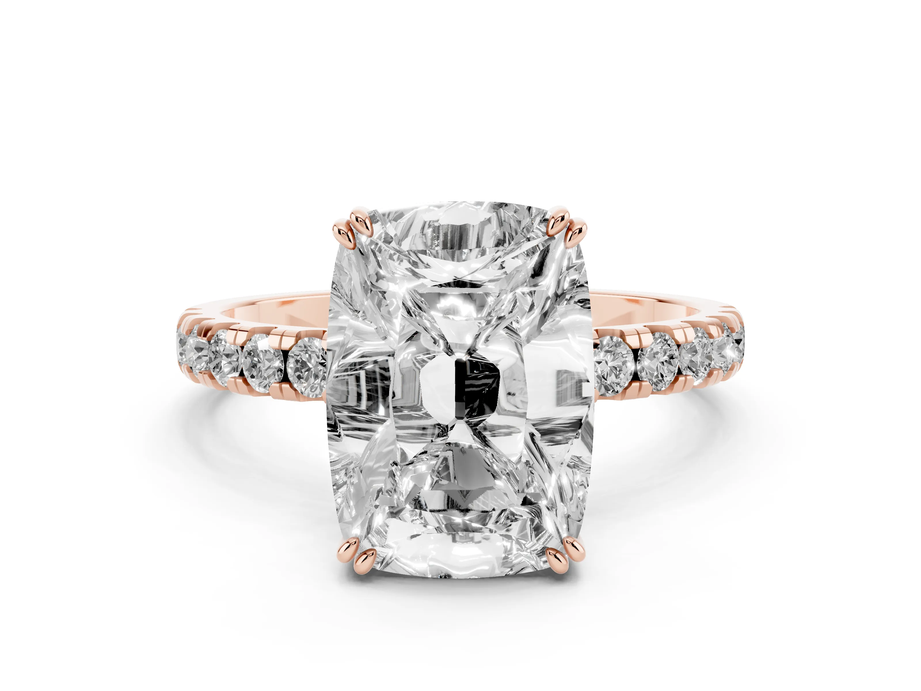 Old Mine Elongated Cushion Diamond Ring Set in Rose gold with Pavé Band and Prong Setting