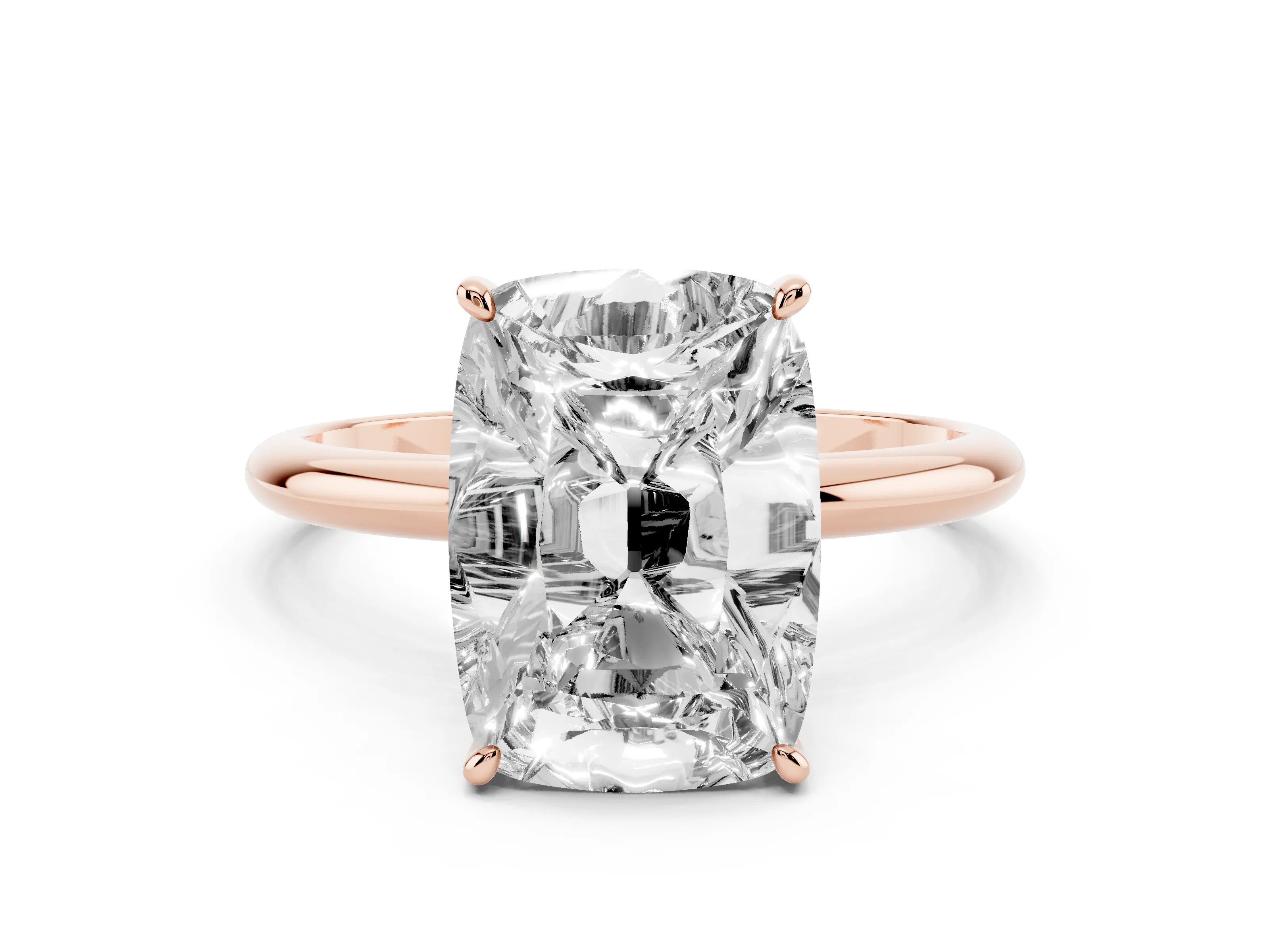 Old Mine Elongated Cushion Diamond Solitaire Ring Set in Rose gold with Four Prong Setting and Plain Band