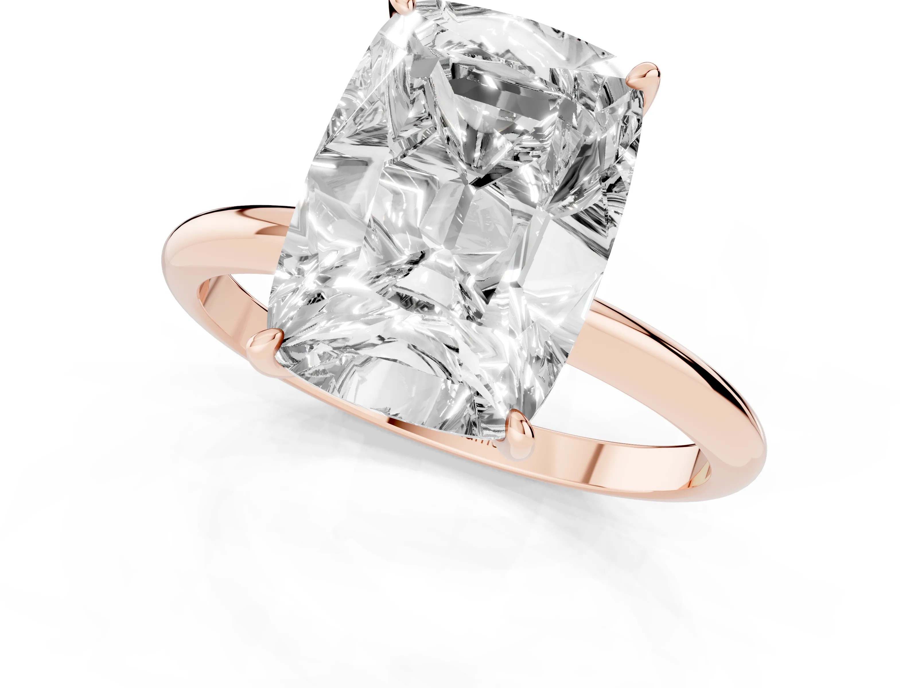 Old Mine Elongated Cushion Diamond Solitaire Ring Set in Rose gold with Four Prong Setting and Plain Band