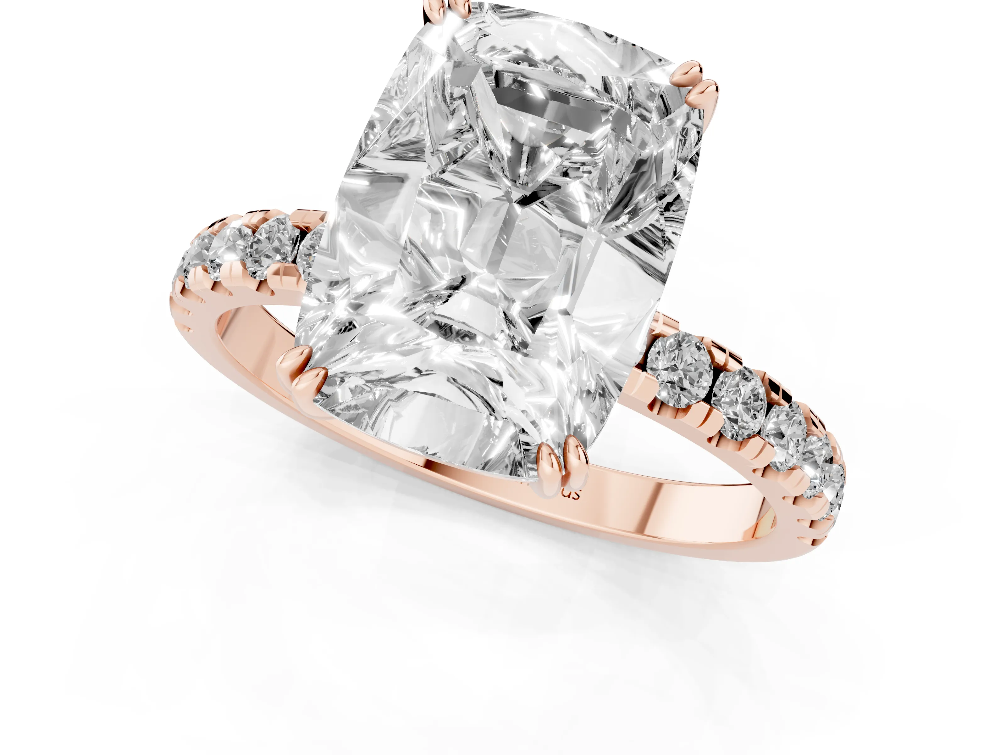 Old Mine Elongated Cushion Diamond Ring Set in Rose gold with Pavé Band and Prong Setting – second view