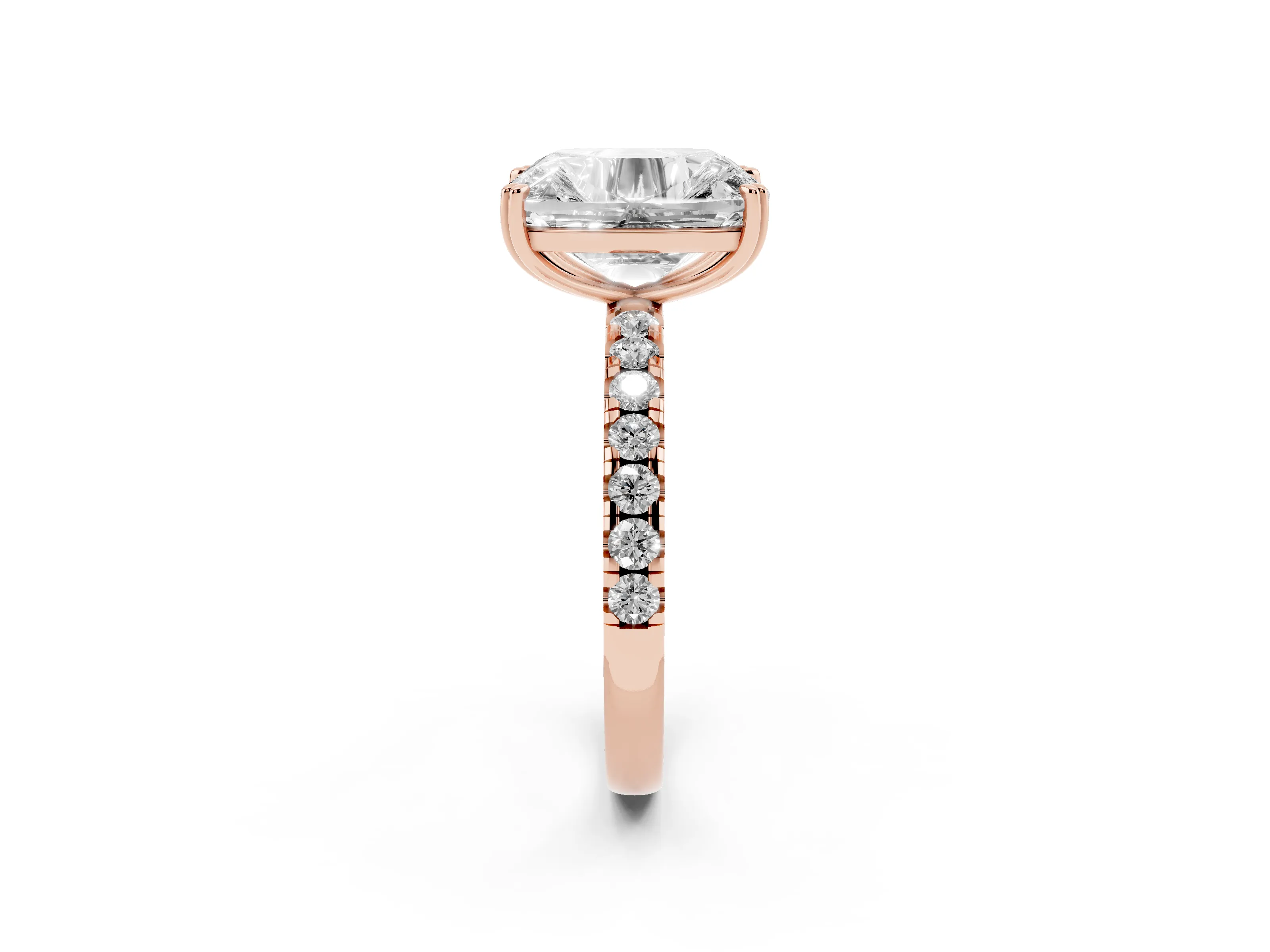 Old Mine Elongated Cushion Diamond Ring Set in Rose gold with Pavé Band and Prong Setting