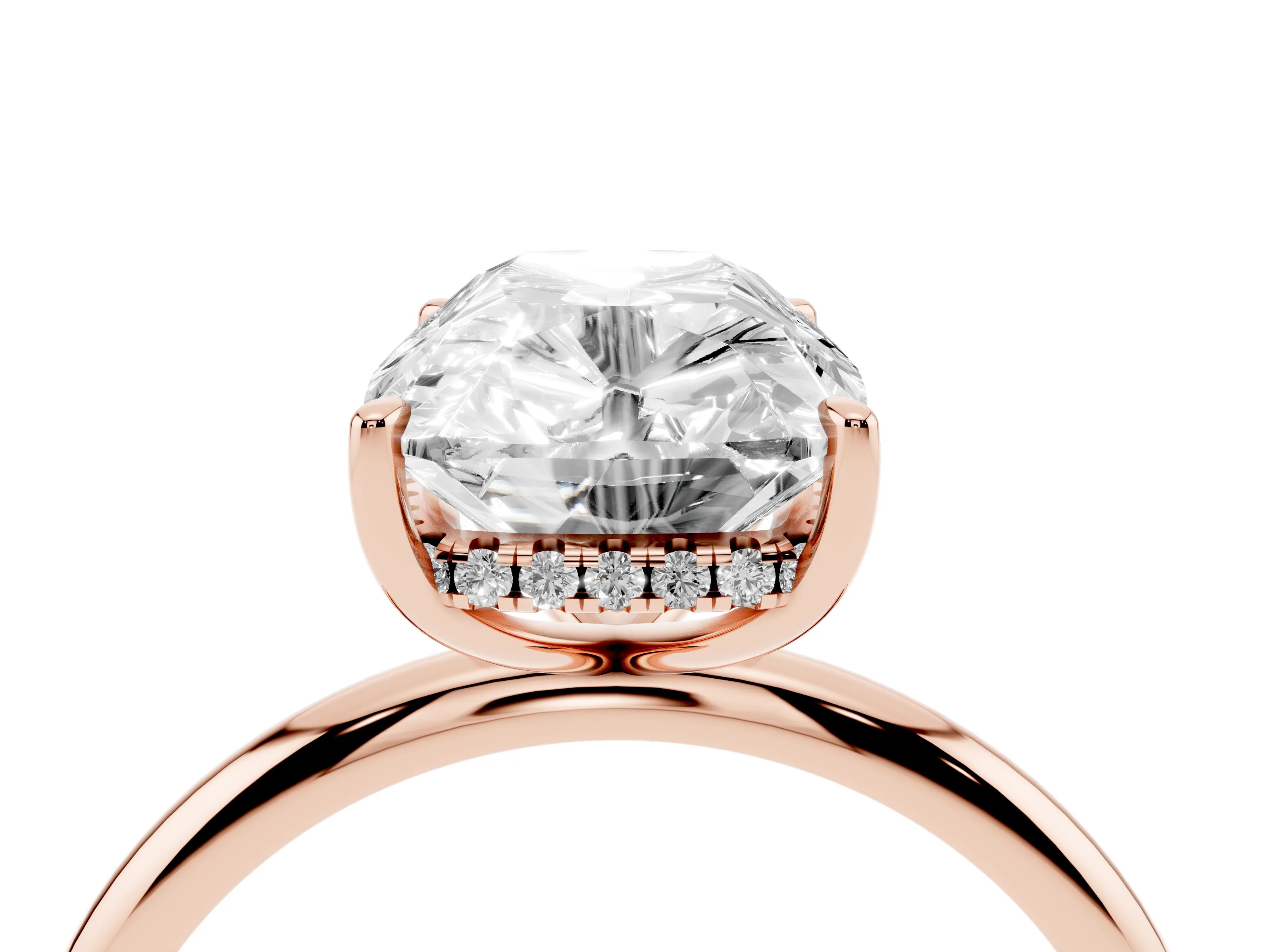 Old Mine Elongated Cushion Diamond Solitaire Ring Set in Rose gold with Four Prong Setting and Plain Band