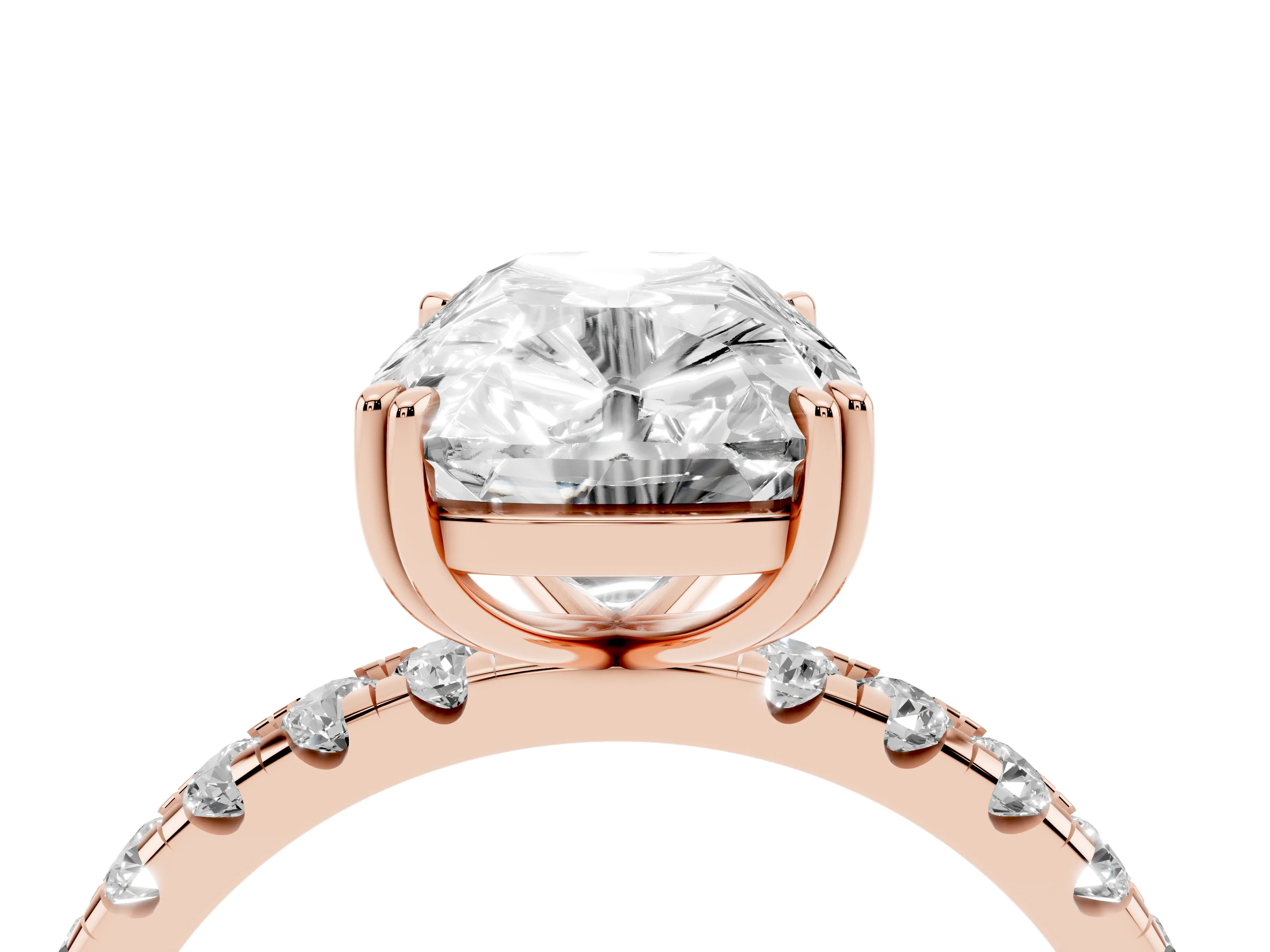 Old Mine Elongated Cushion Diamond Ring Set in Rose gold with Pavé Band and Prong Setting