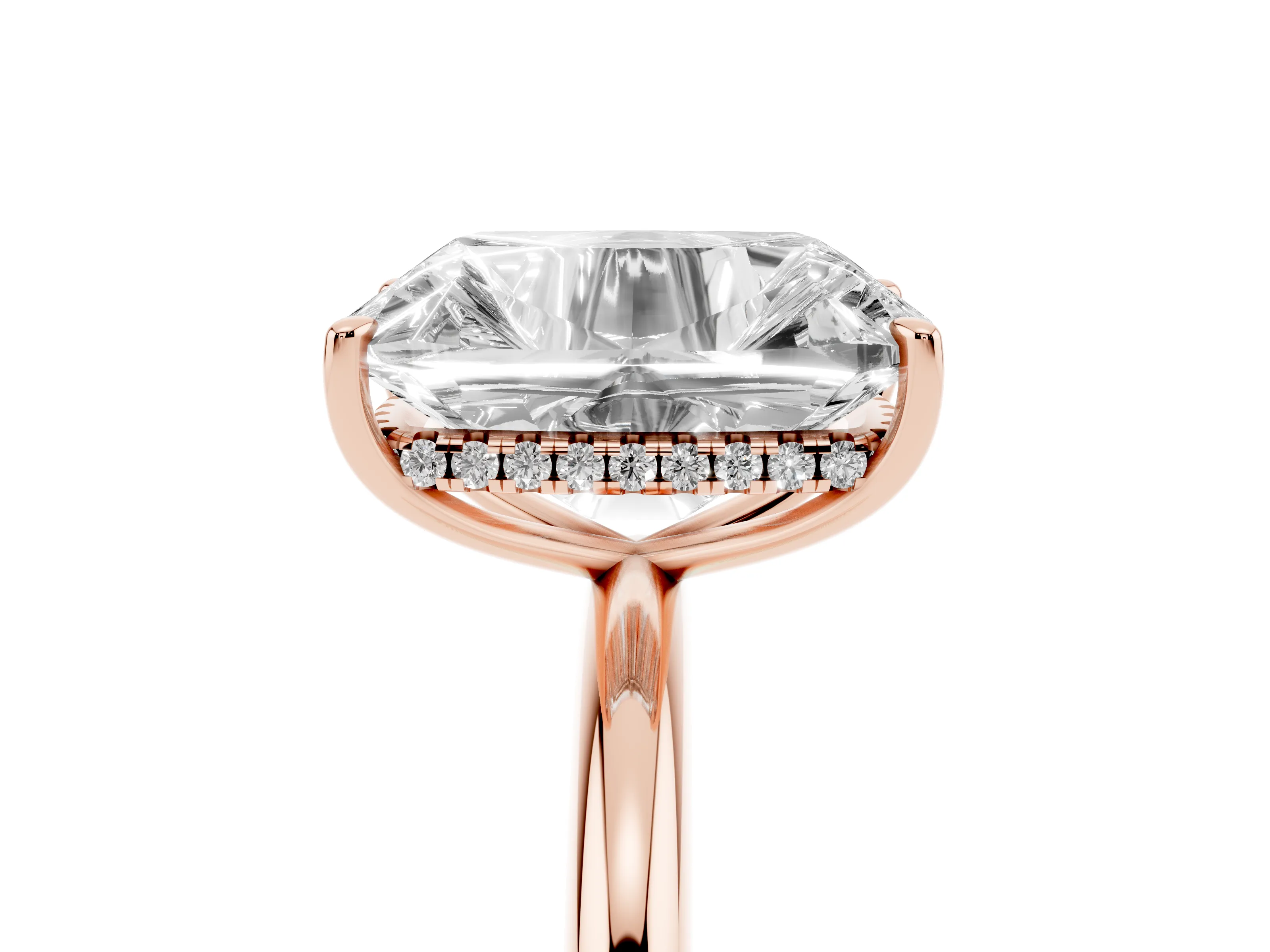 Old Mine Elongated Cushion Diamond Solitaire Ring Set in Rose gold with Four Prong Setting and Plain Band