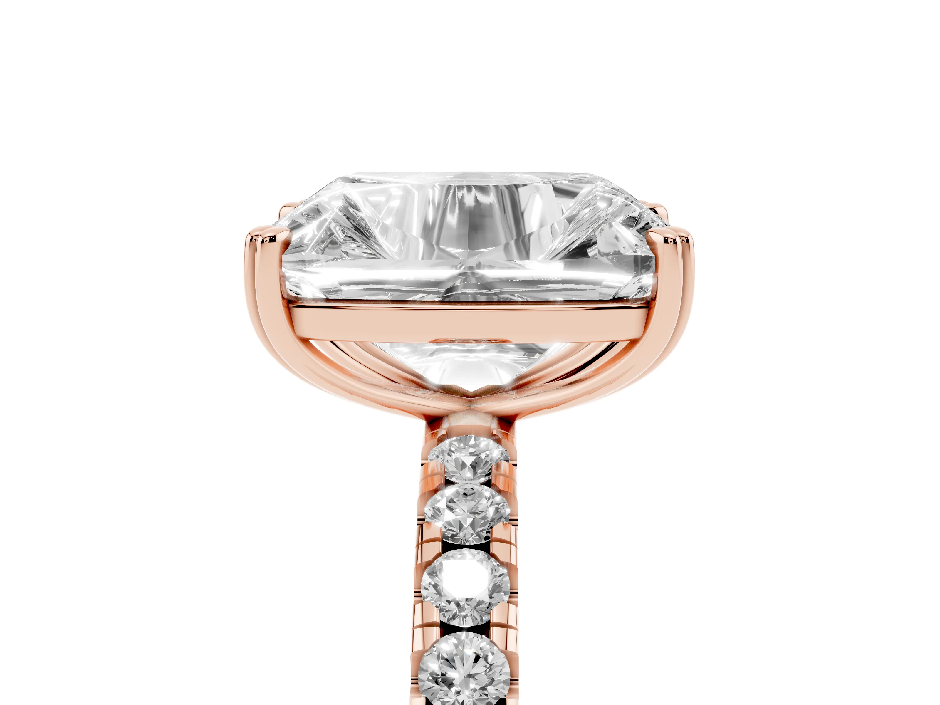 Old Mine Elongated Cushion Diamond Ring Set in Rose gold with Pavé Band and Prong Setting