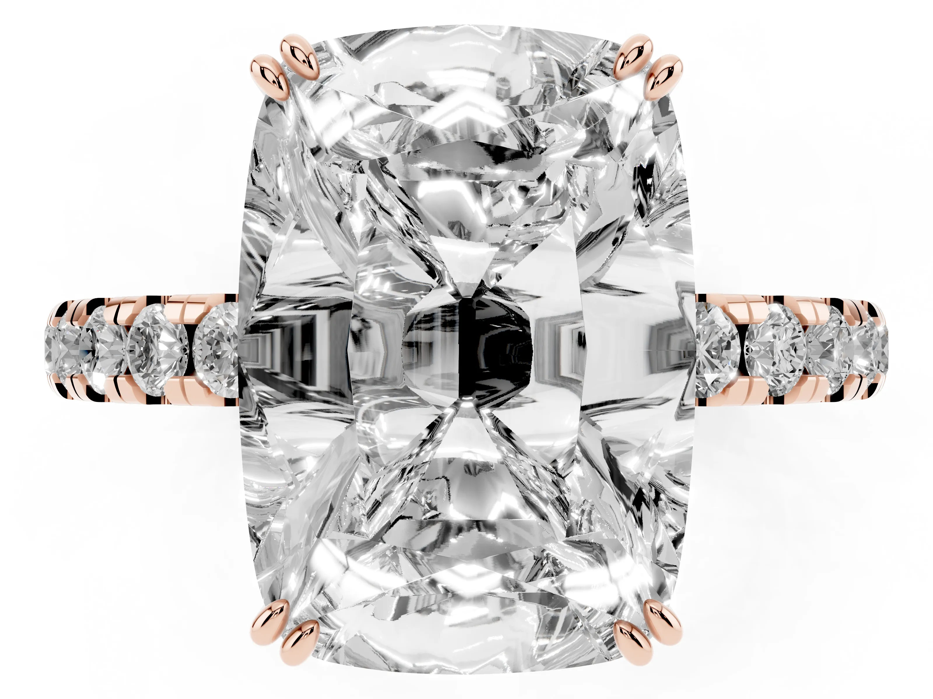 Old Mine Elongated Cushion Diamond Ring Set in Rose gold with Pavé Band and Prong Setting