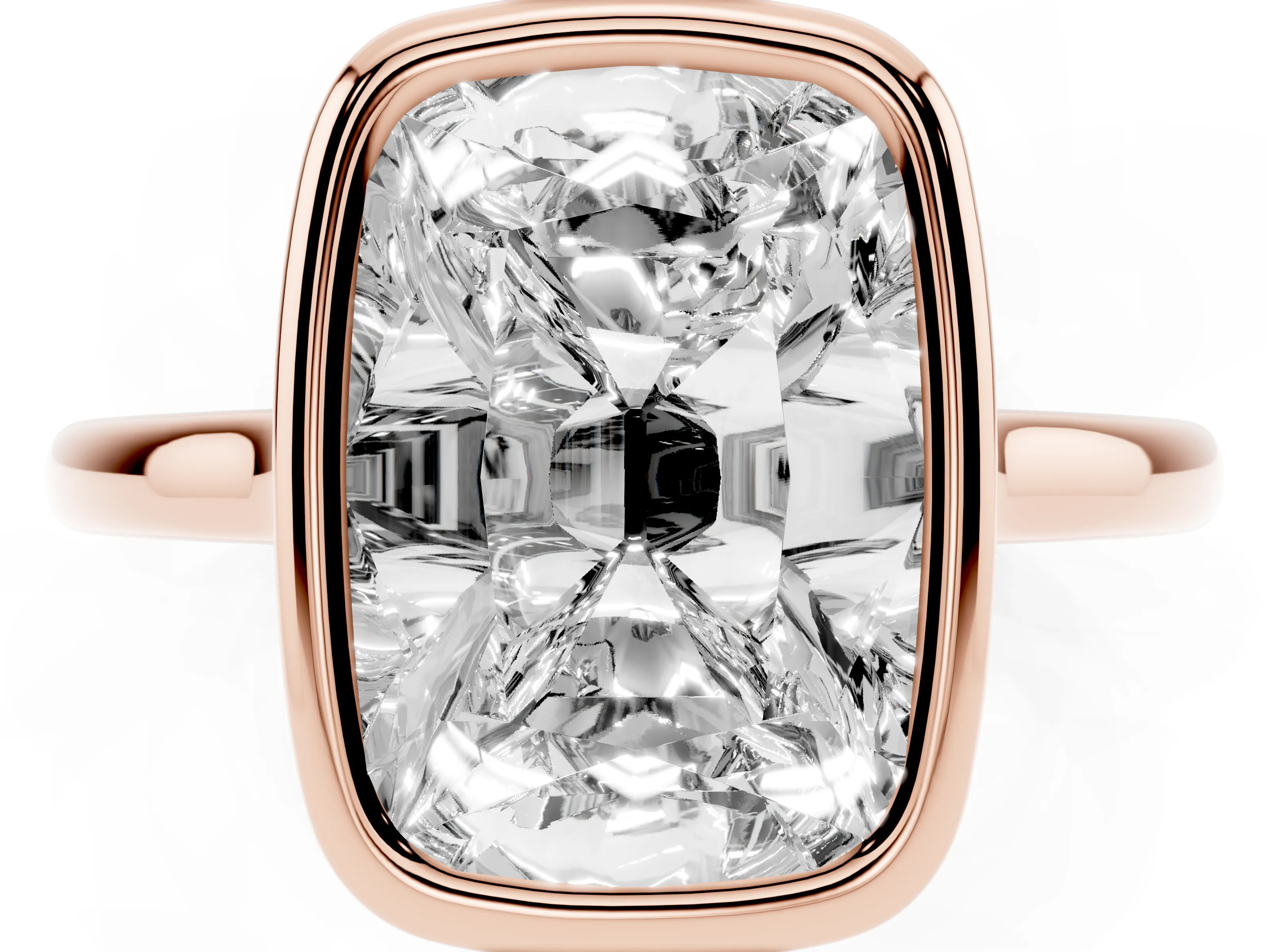 Old Mine Elongated Cushion Diamond Solitaire Ring Set in Rose gold with Bezel Setting