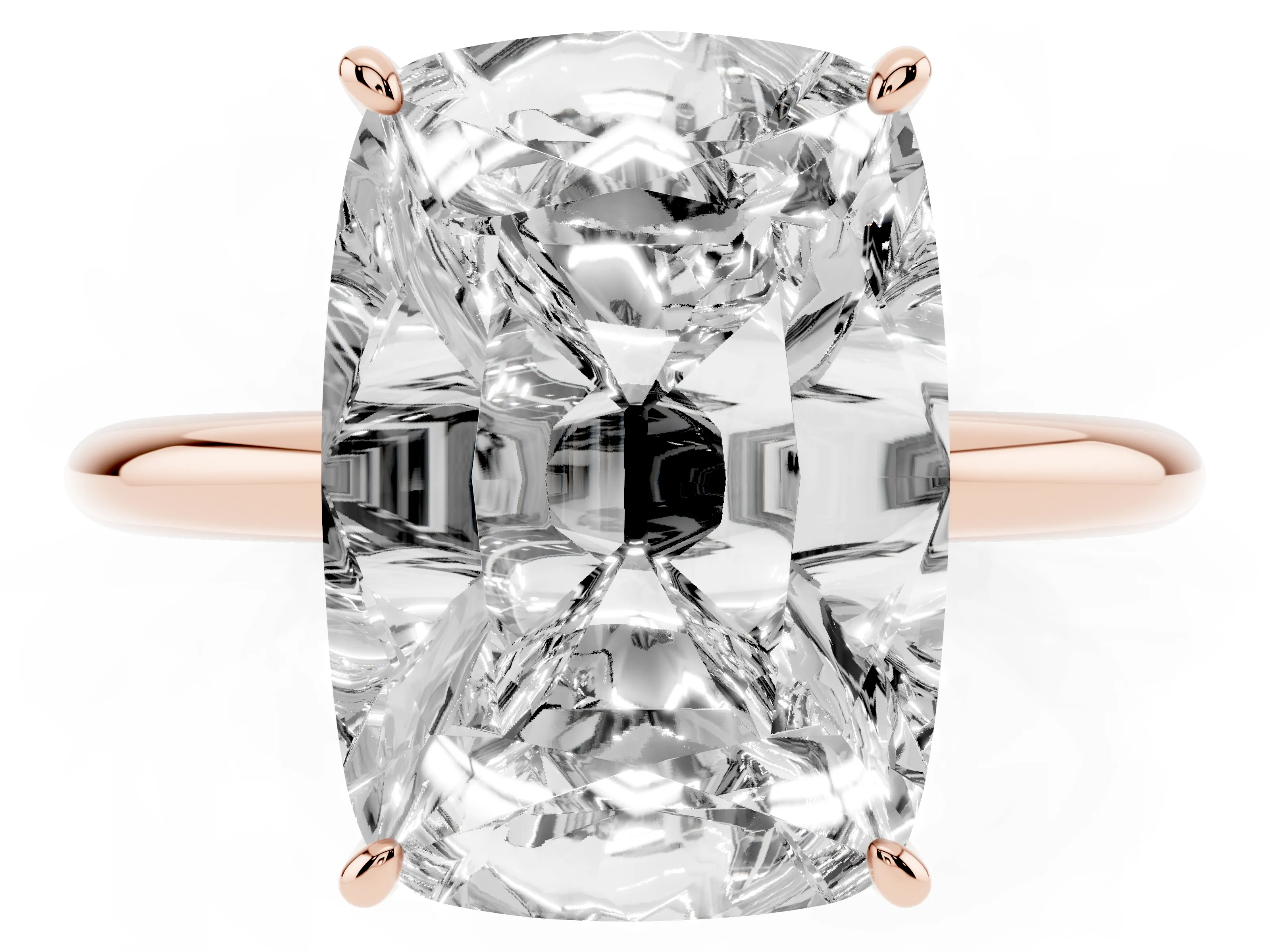 Old Mine Elongated Cushion Diamond Solitaire Ring Set in Rose gold with Four Prong Setting and Plain Band