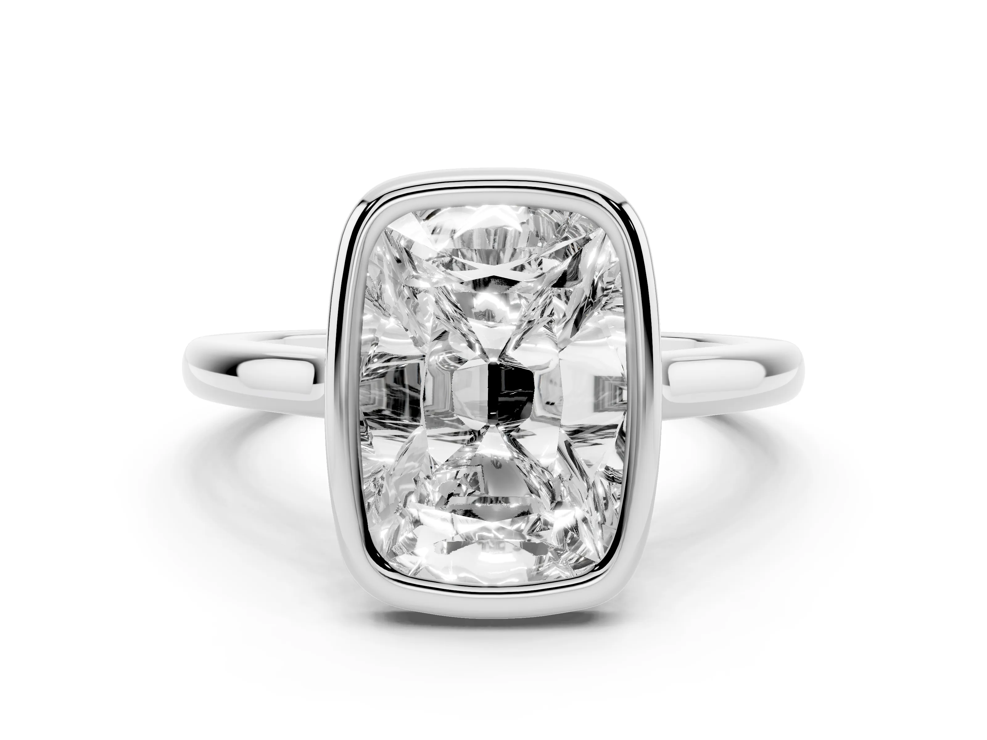 Old Mine Elongated Cushion Diamond Solitaire Ring Set in Platinum with Bezel Setting