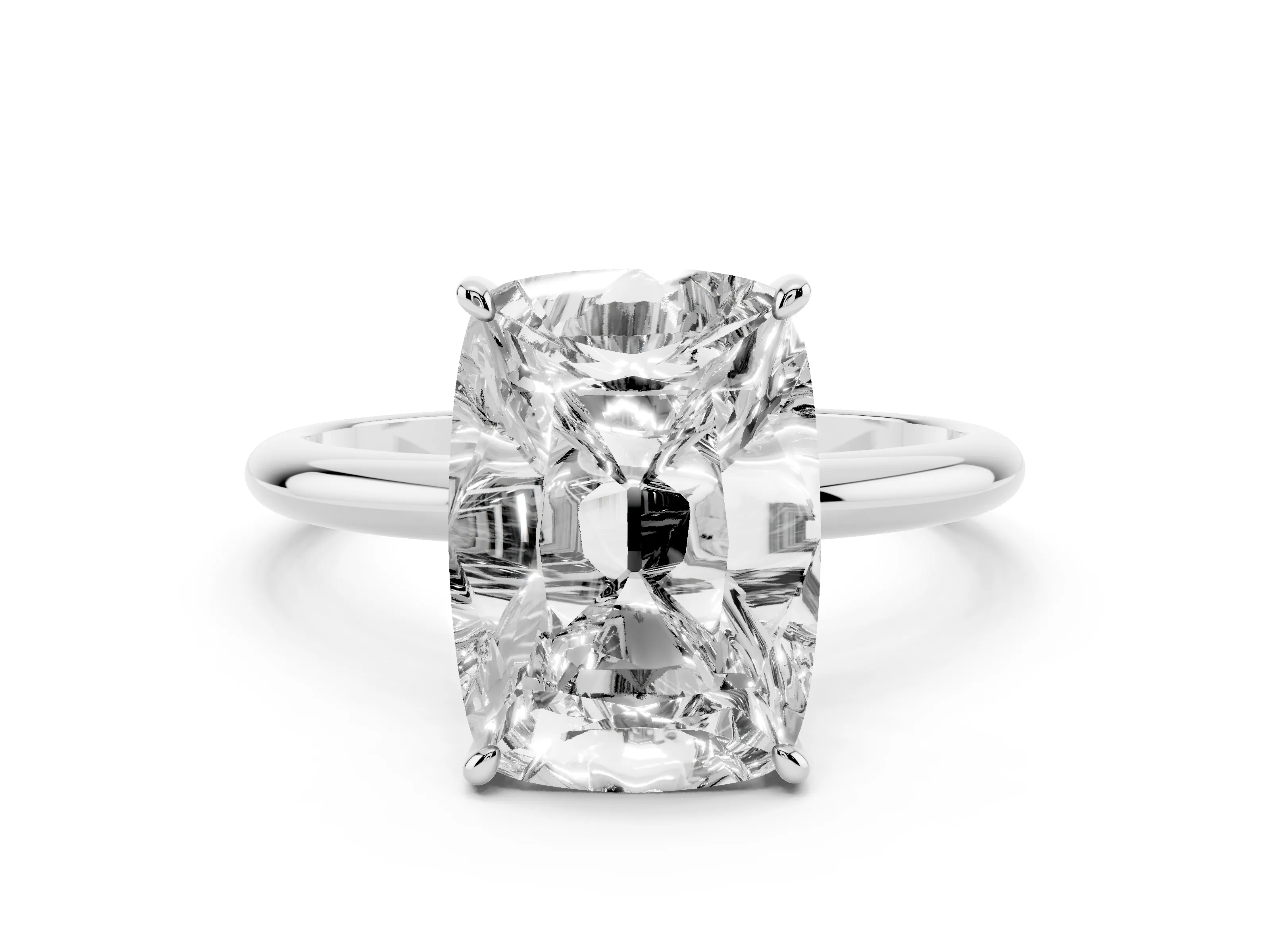 Old Mine Elongated Cushion Diamond Solitaire Ring Set in White gold with Four Prong Setting and Plain Band