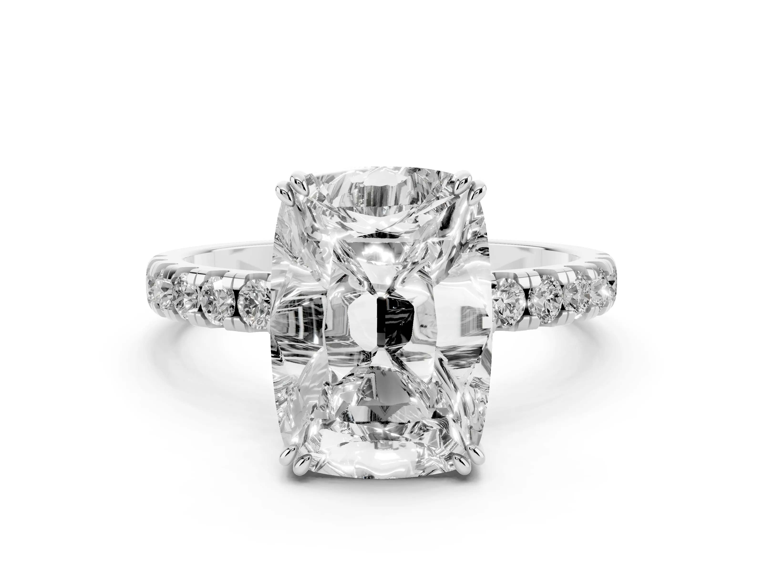 Old Mine Elongated Cushion Diamond Ring Set in Silver with Pavé Band and Prong Setting