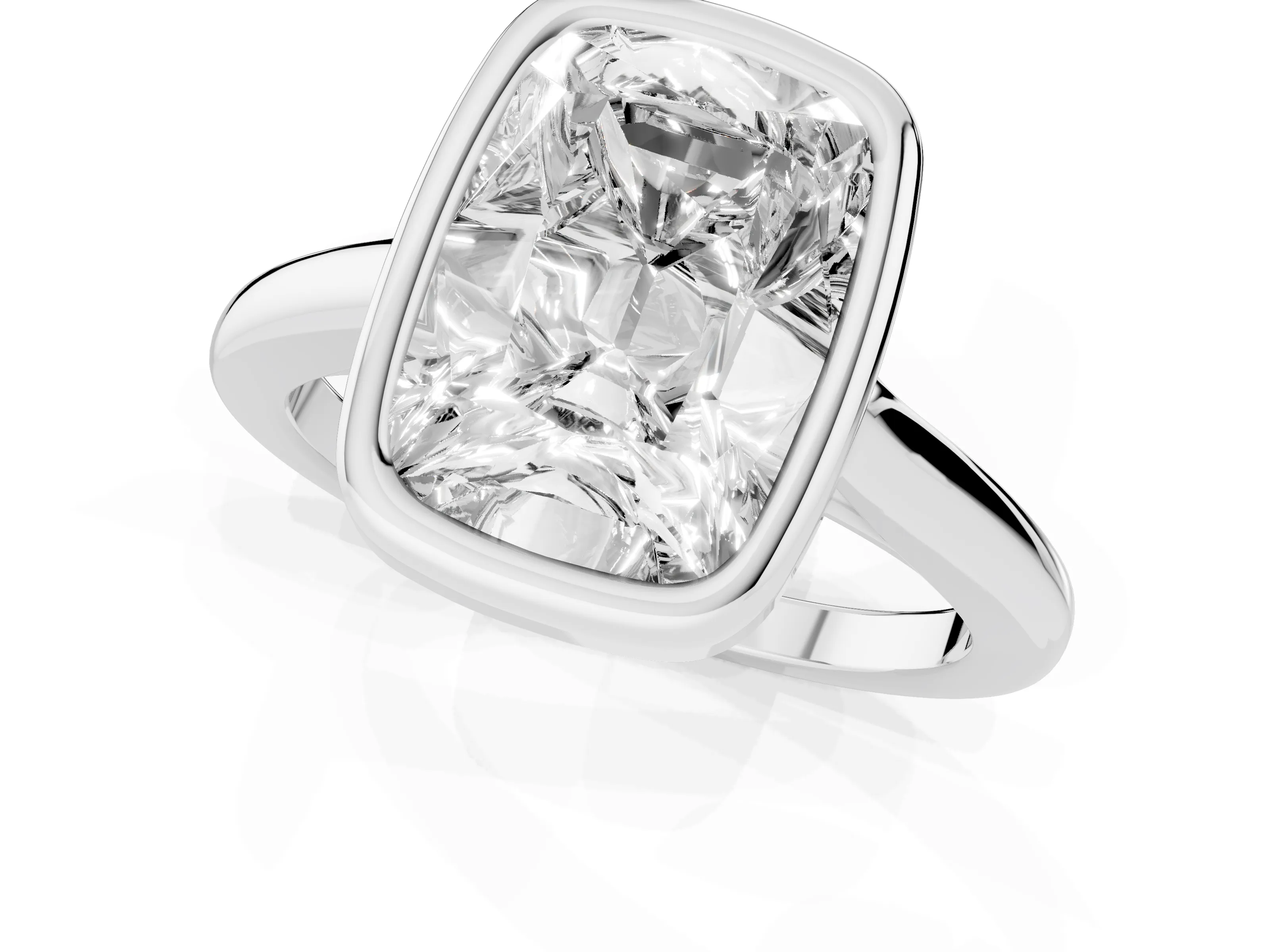Old Mine Elongated Cushion Diamond Solitaire Ring Set in Platinum with Bezel Setting