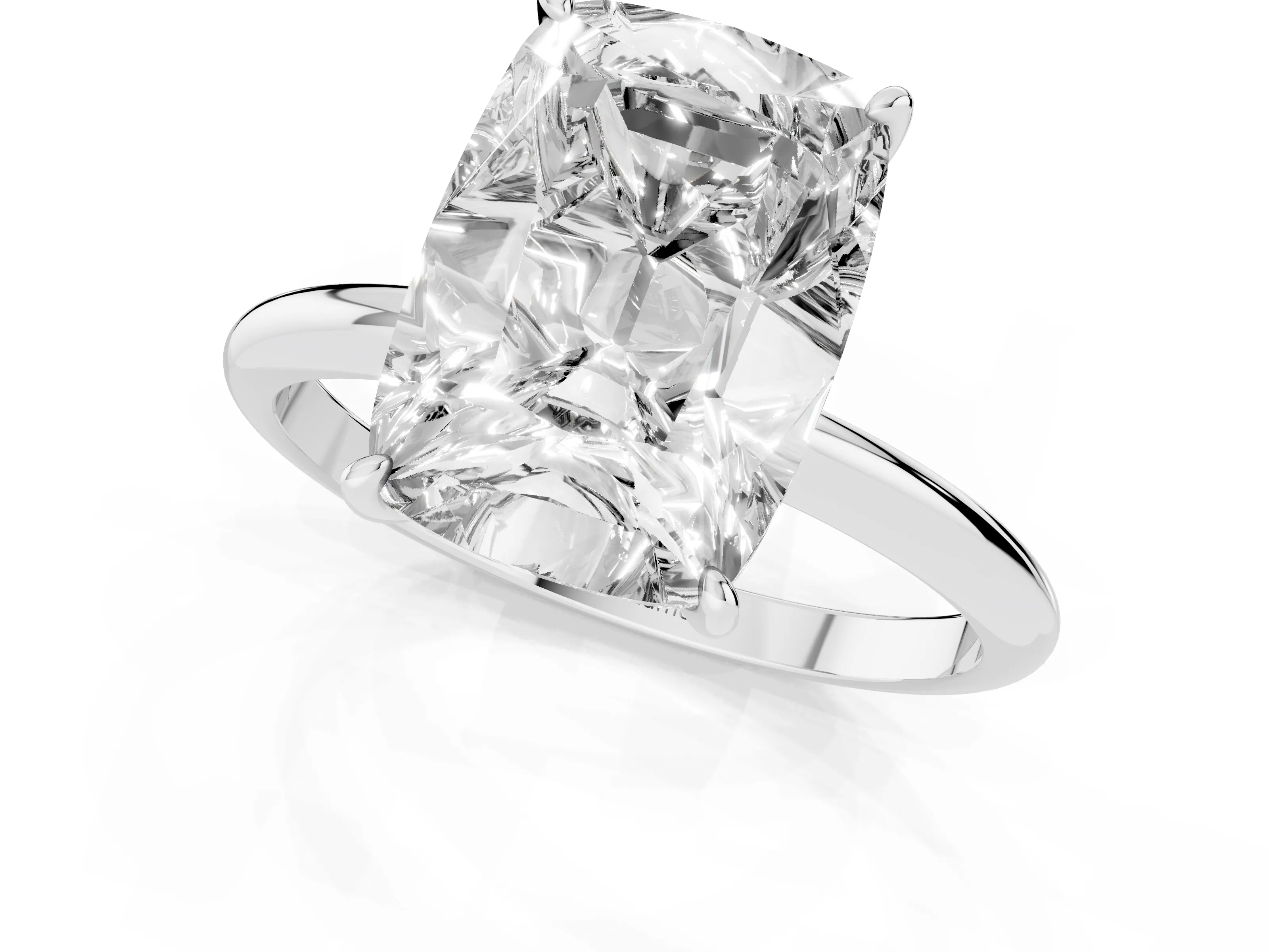 Old Mine Elongated Cushion Diamond Solitaire Ring Set in Platinum with Four Prong Setting and Plain Band