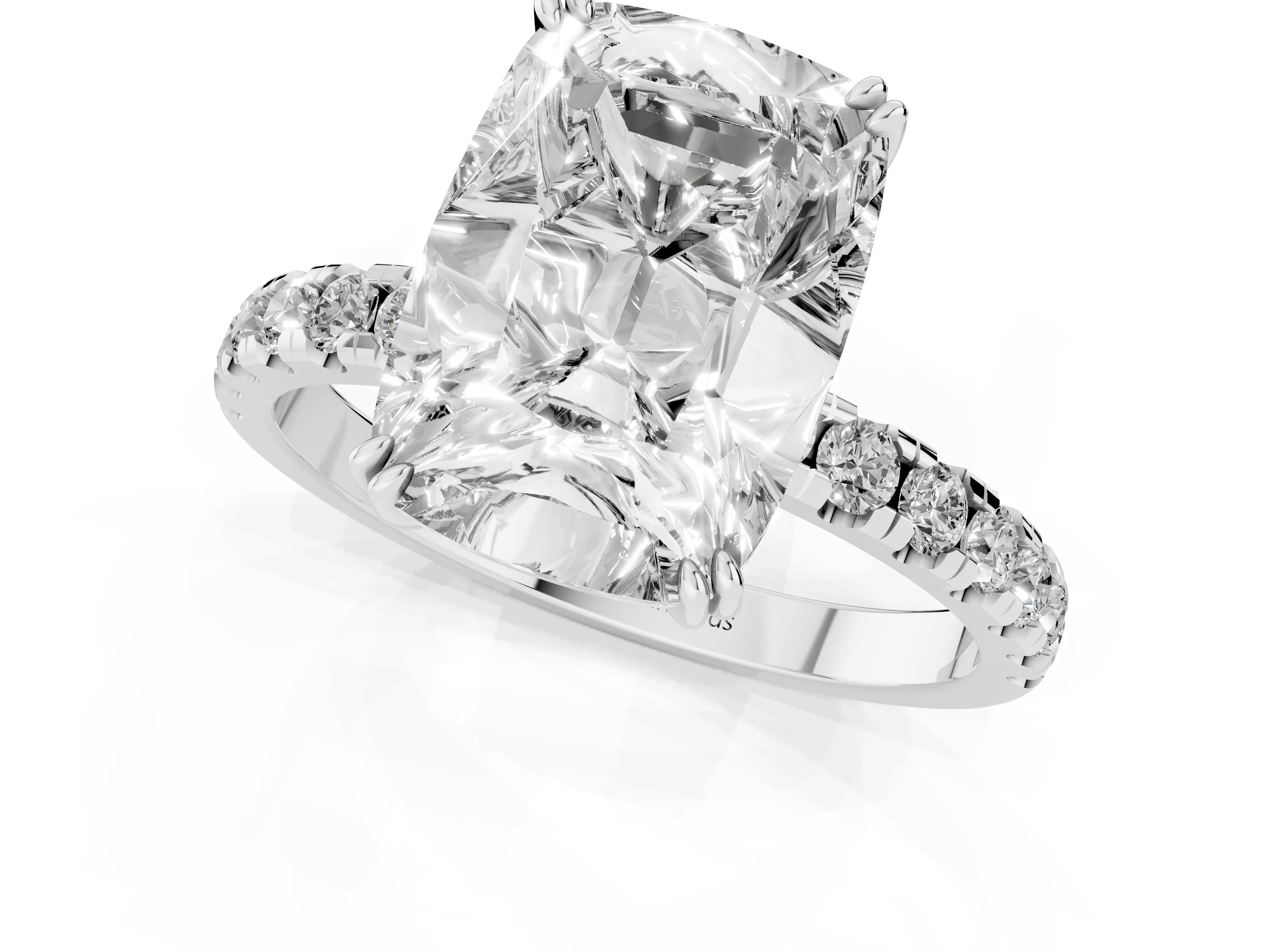 Old Mine Elongated Cushion Diamond Ring Set in Silver with Pavé Band and Prong Setting