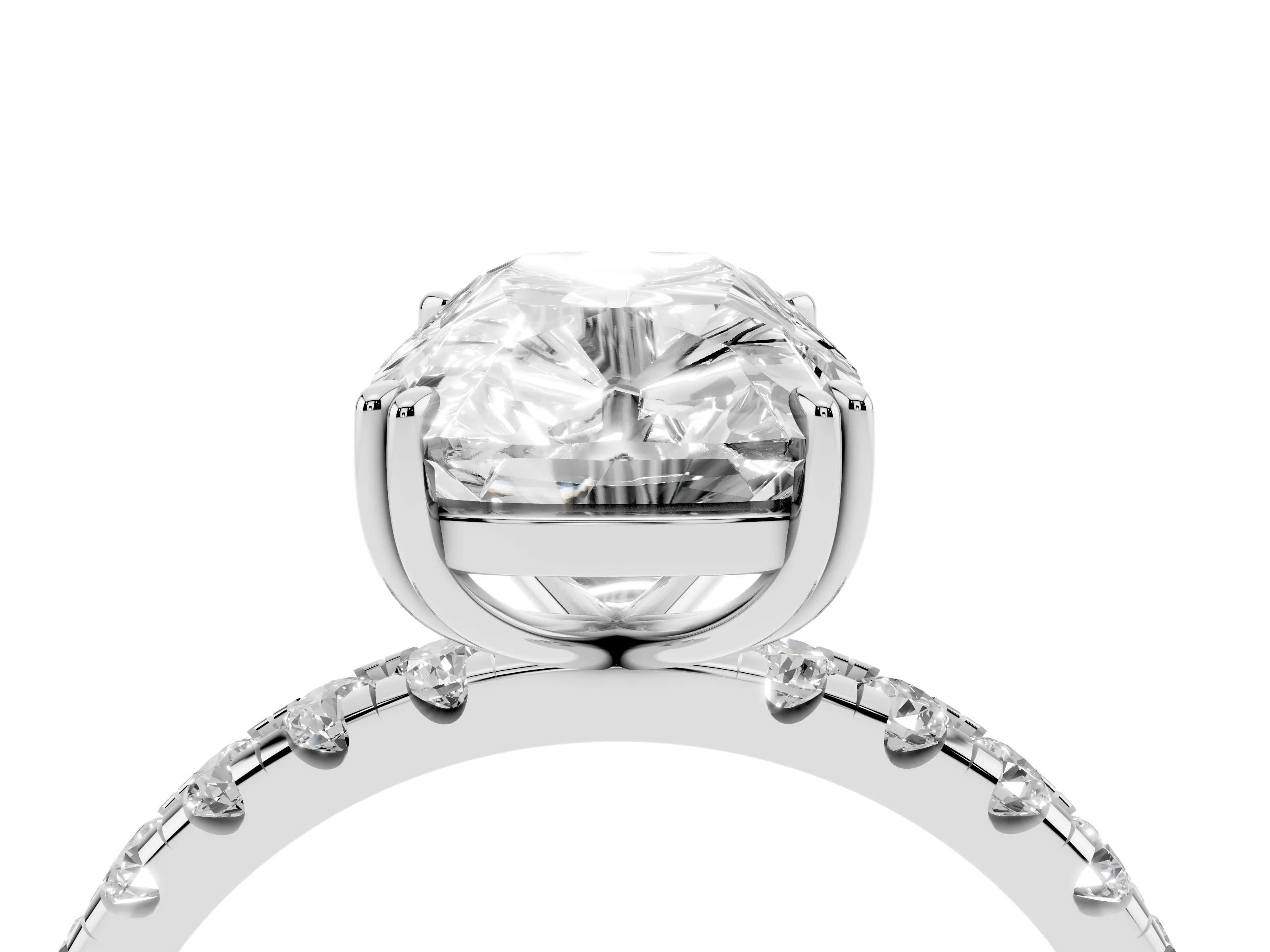 Old Mine Elongated Cushion Diamond Ring Set in Silver with Pavé Band and Prong Setting