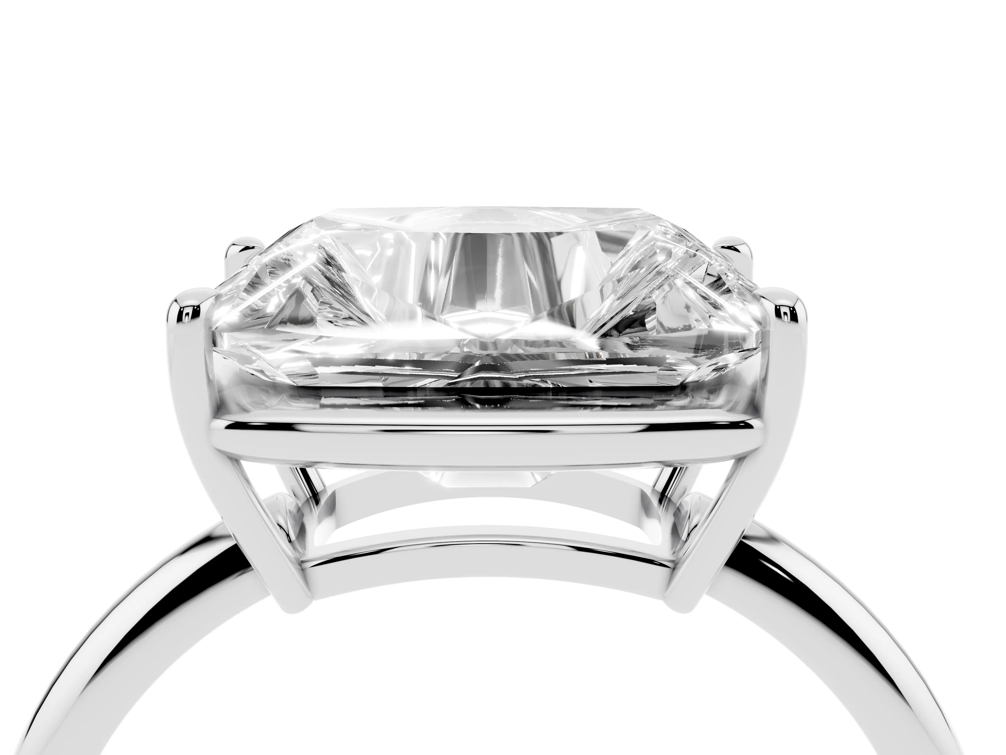 Old Mine Elongated Cushion Diamond East-West Solitaire Ring Set in White gold with Bezel and Four Claw Setting