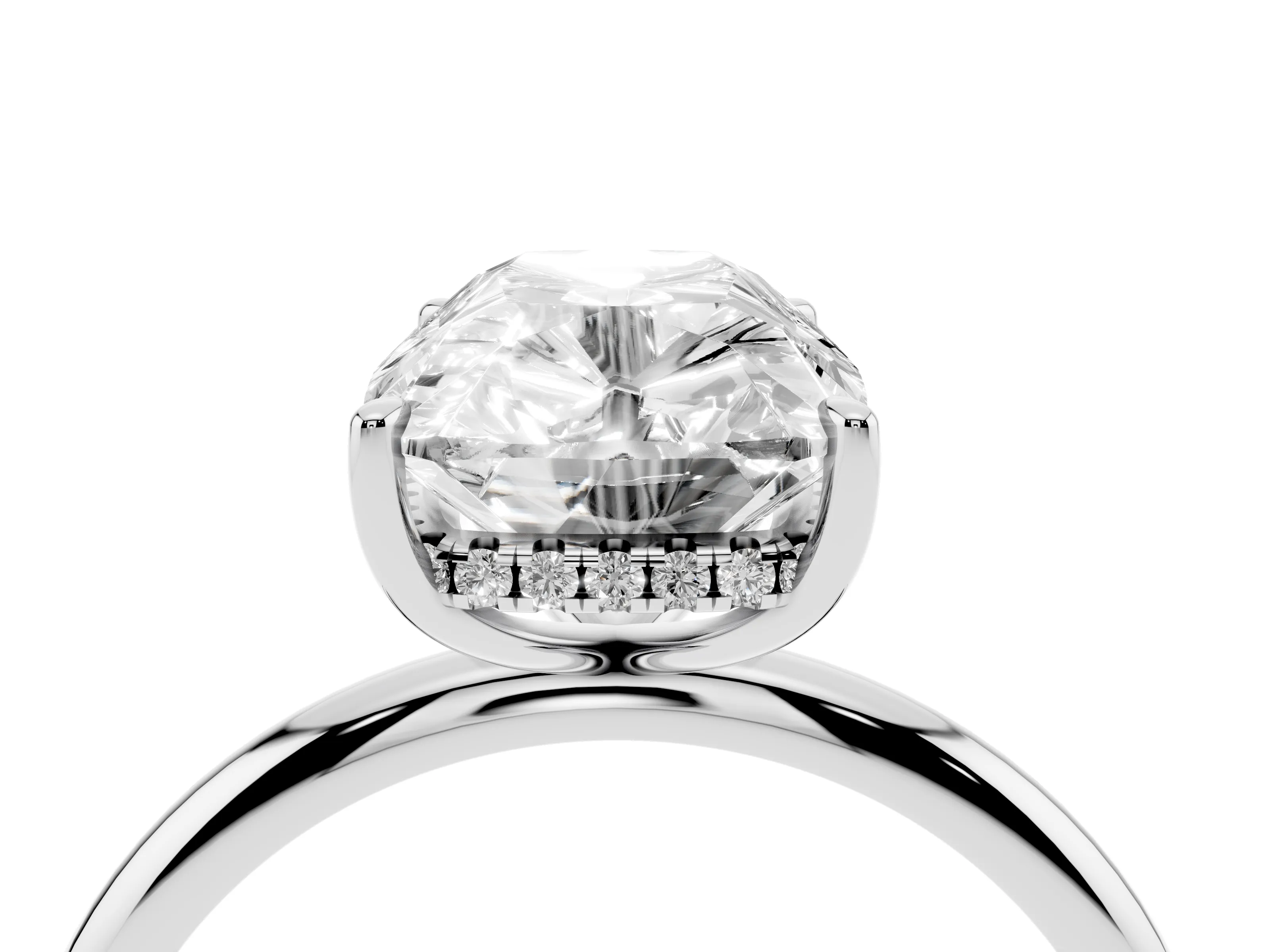 Old Mine Elongated Cushion Diamond Solitaire Ring Set in Platinum with Four Prong Setting and Plain Band