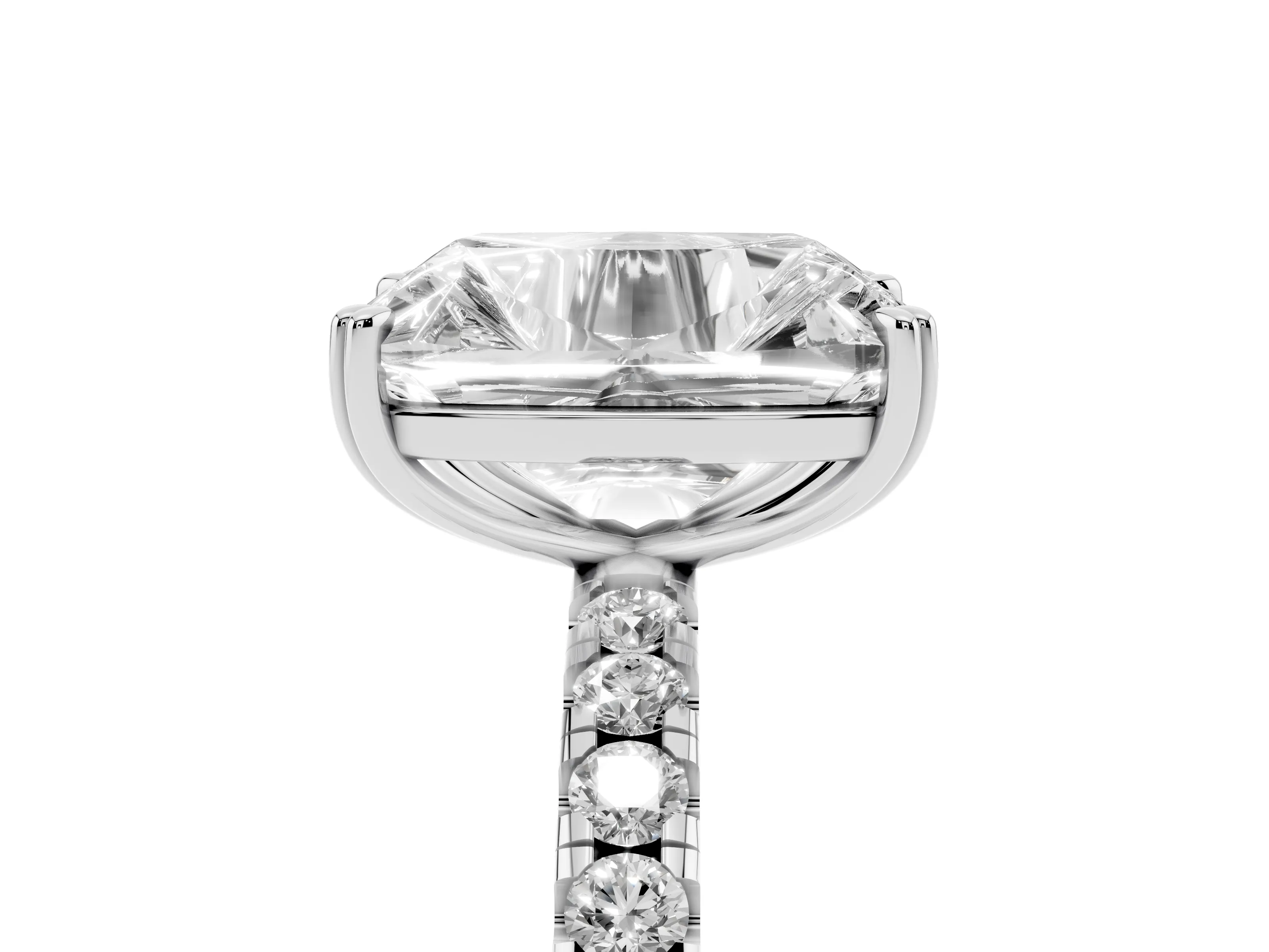 Old Mine Elongated Cushion Diamond Ring Set in Silver with Pavé Band and Prong Setting