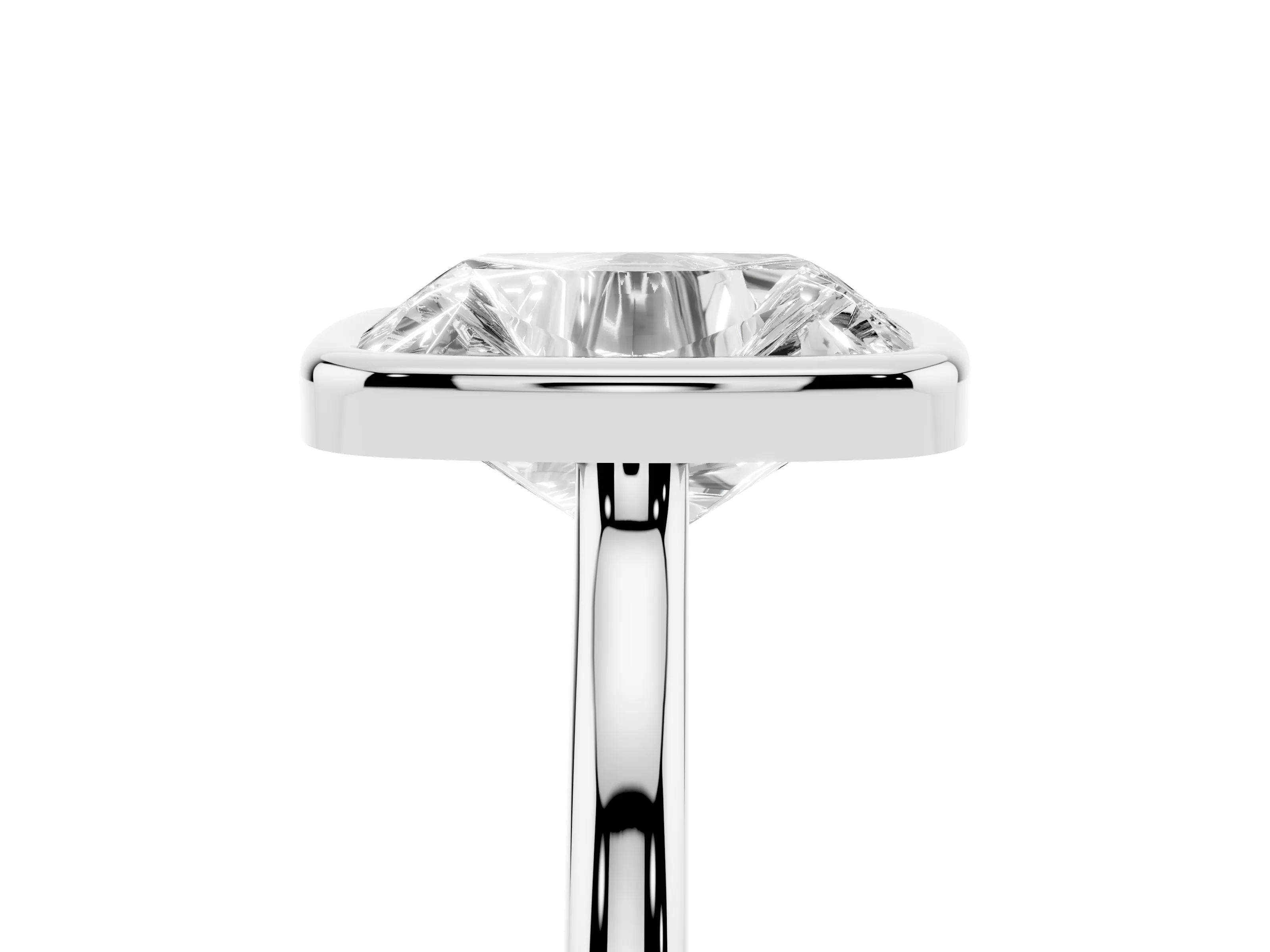Old Mine Elongated Cushion Diamond Solitaire Ring Set in Platinum with Bezel Setting