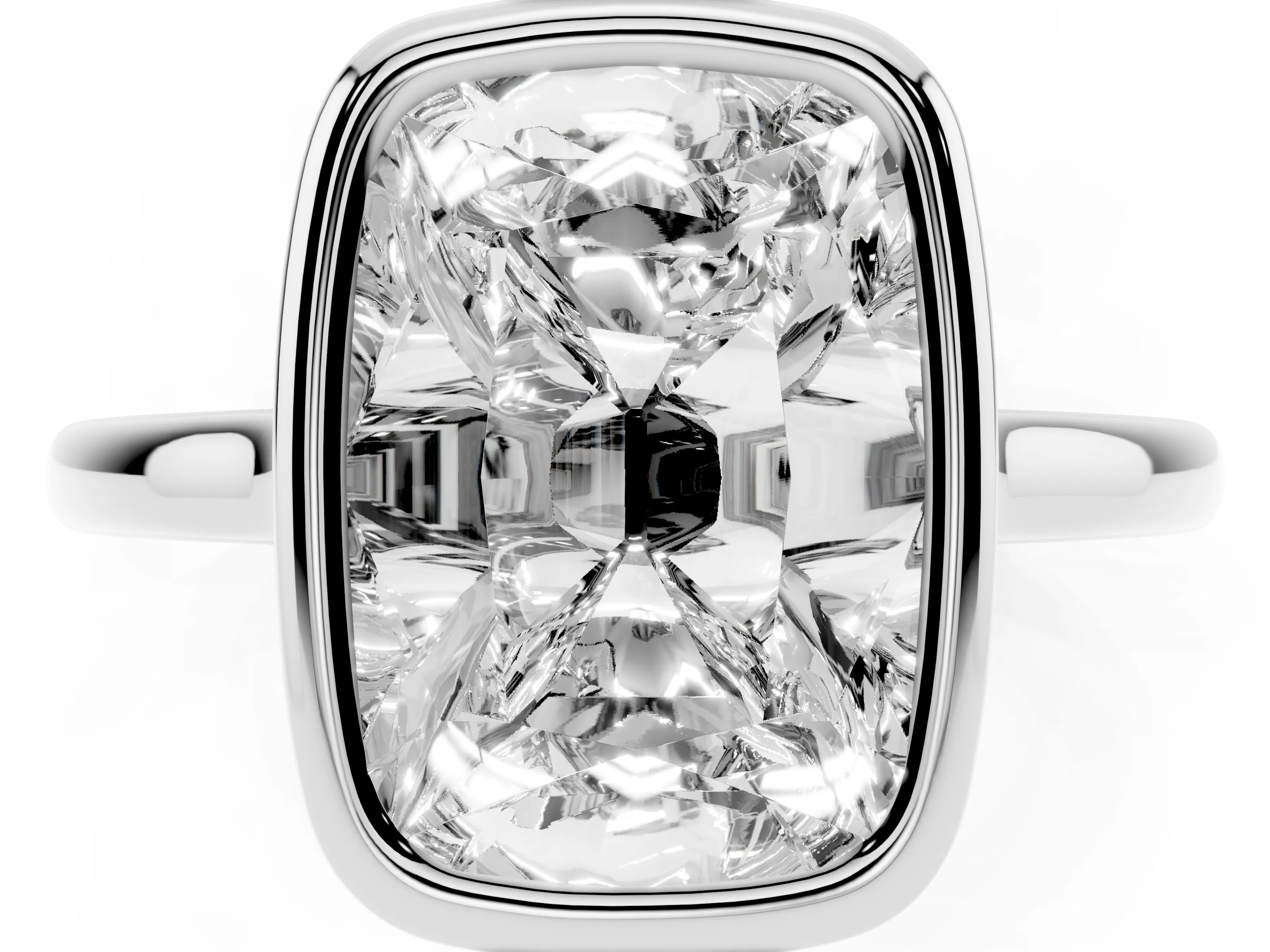 Old Mine Elongated Cushion Diamond Solitaire Ring Set in Platinum with Bezel Setting